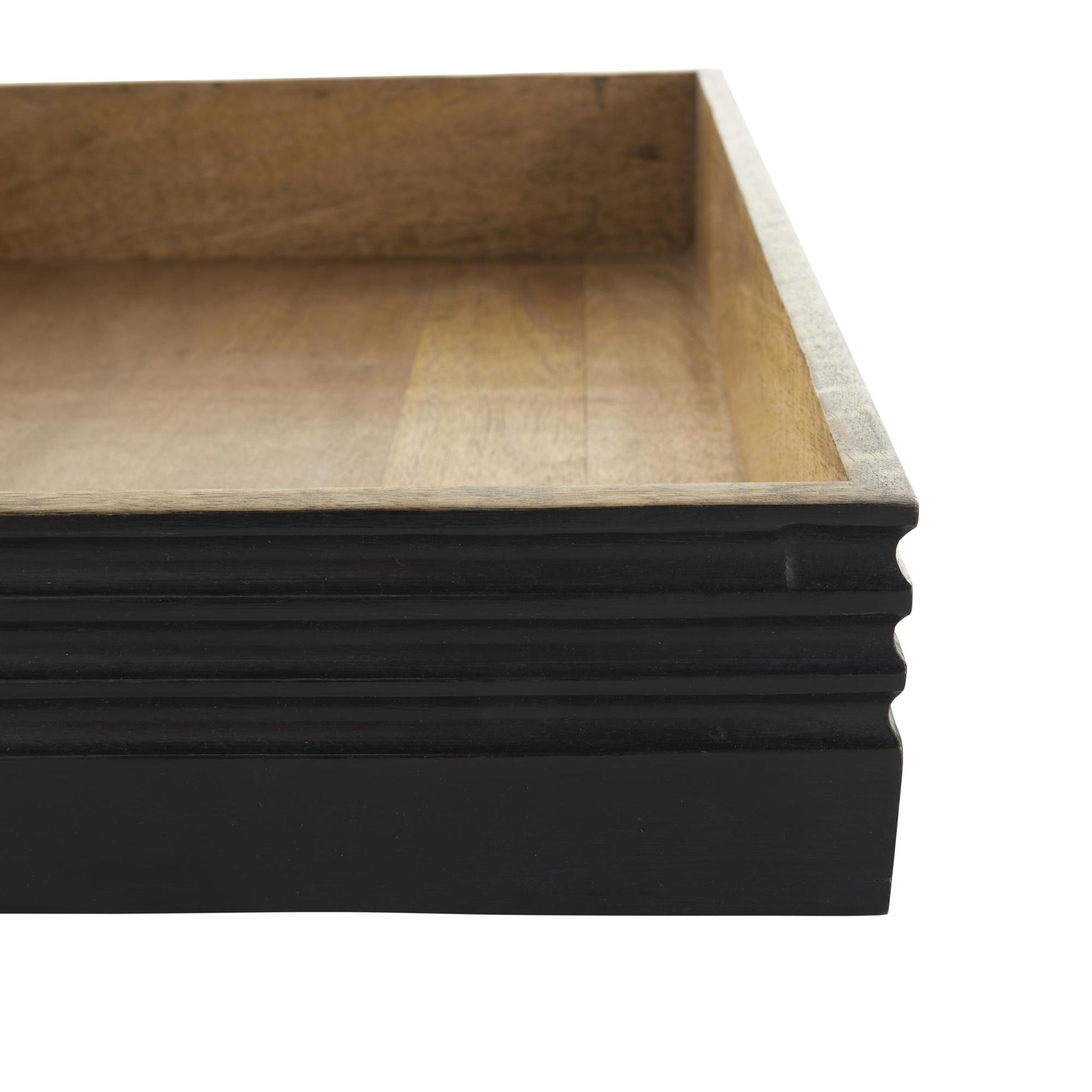 Set of 2 Brown Mango Wood Handmade Living Room Decor Tray with Black Groove Exterior