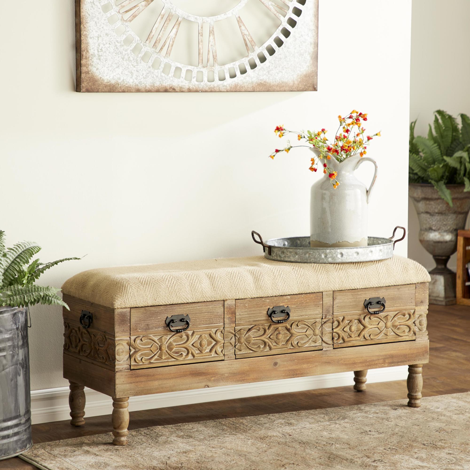 Floral Brown Wood Intricately Carved Room Storage Bench with Cream Burlap Top