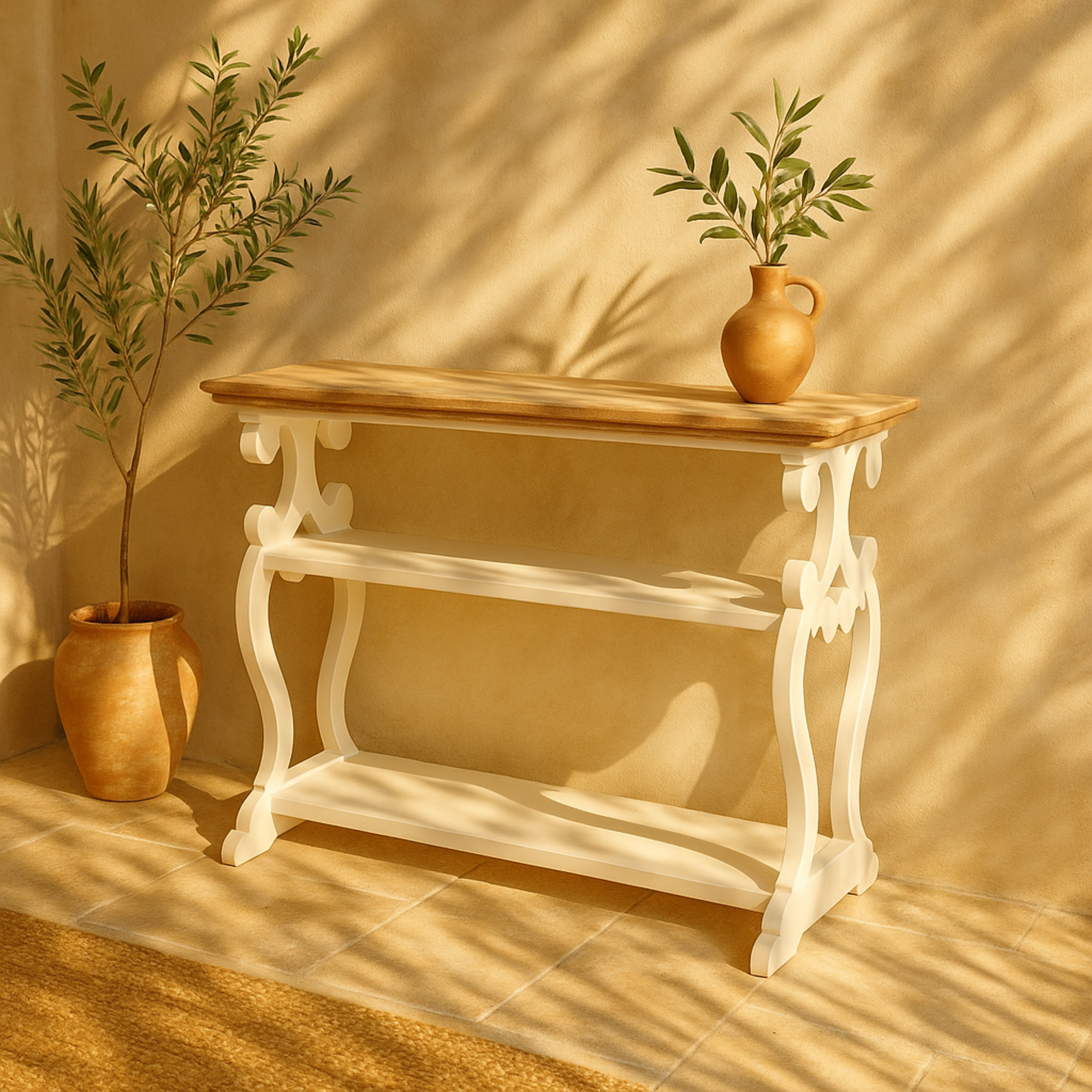 Scroll Wood 2 Shelf Living Room Console Table with Brown Wood Top 38" x 15" x 32"