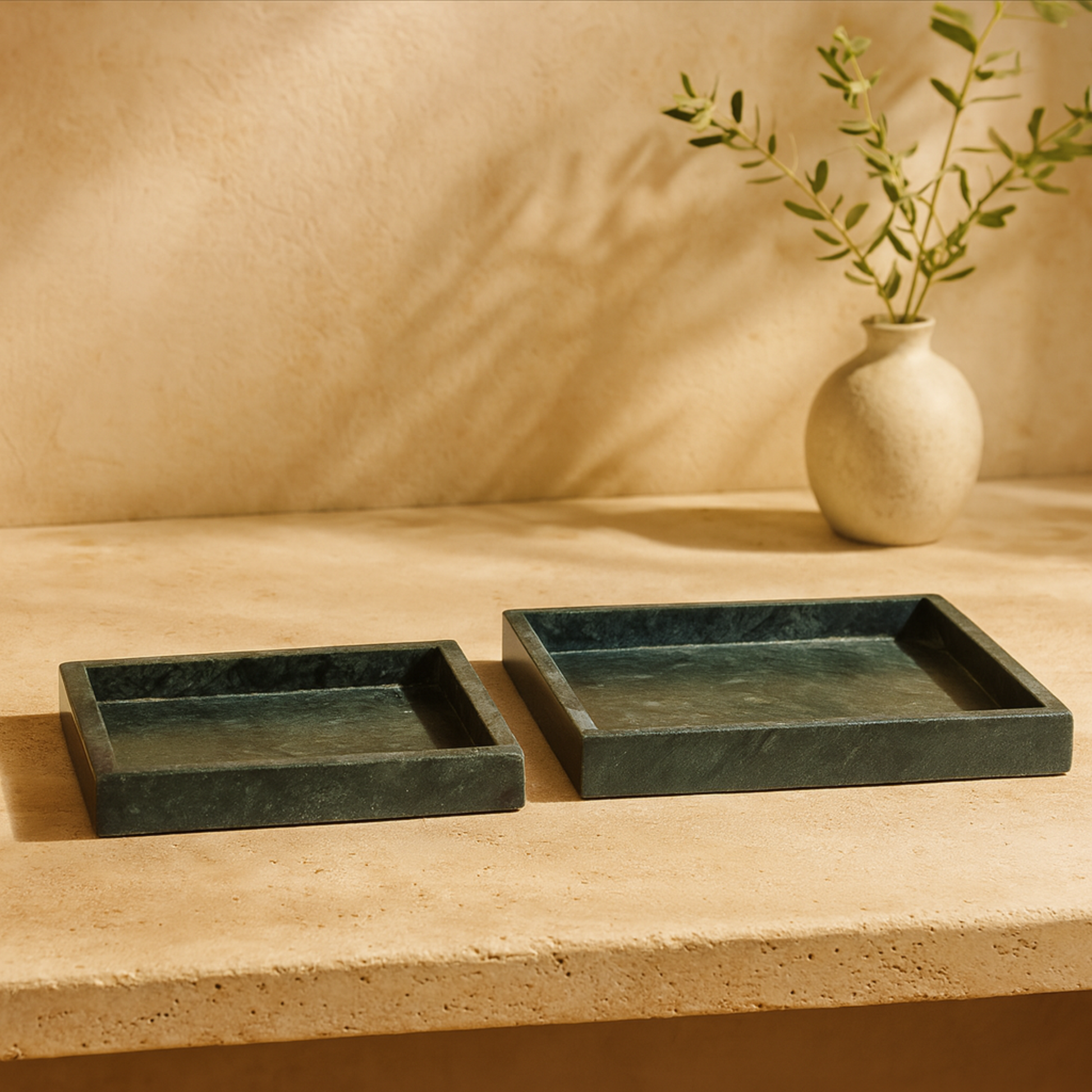 Set of 2 Marble Minimalistic Square Living Room Decor Tray with Raised Border Set of 2 10", 8"W