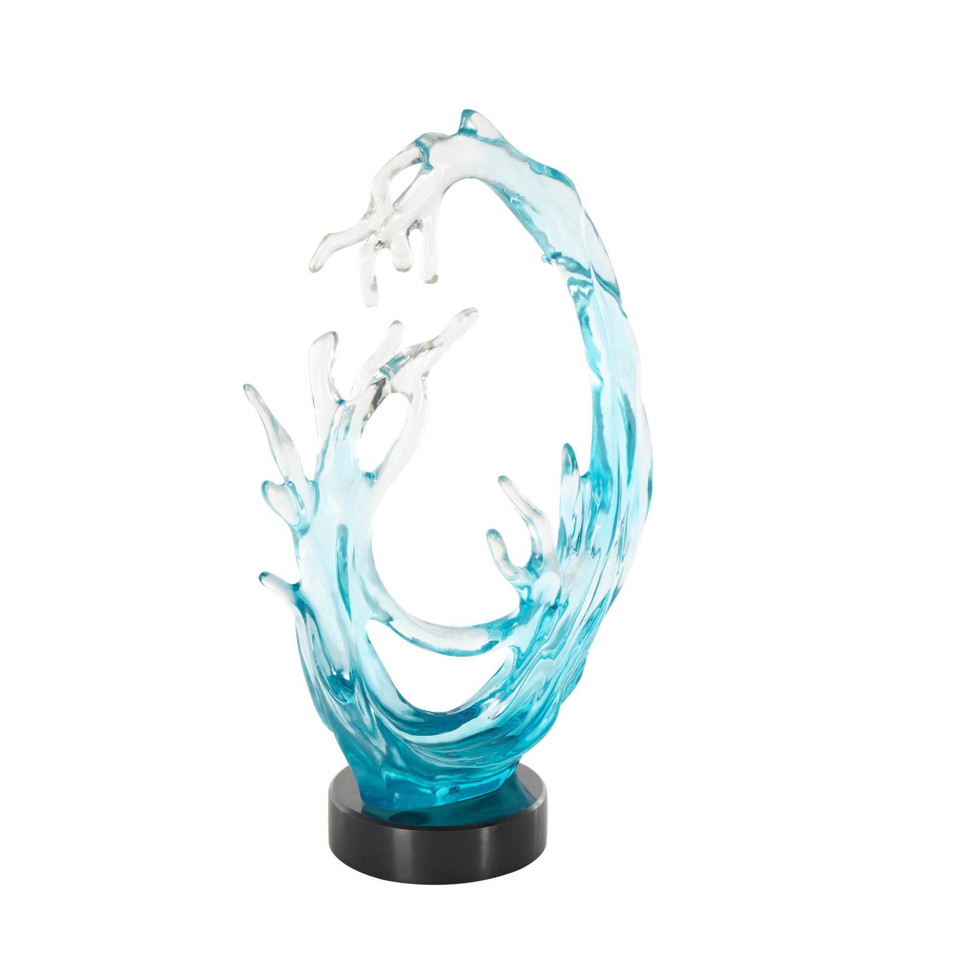 Coral Blue Glass Ombre Decorative Sculpture with Black Round Base
