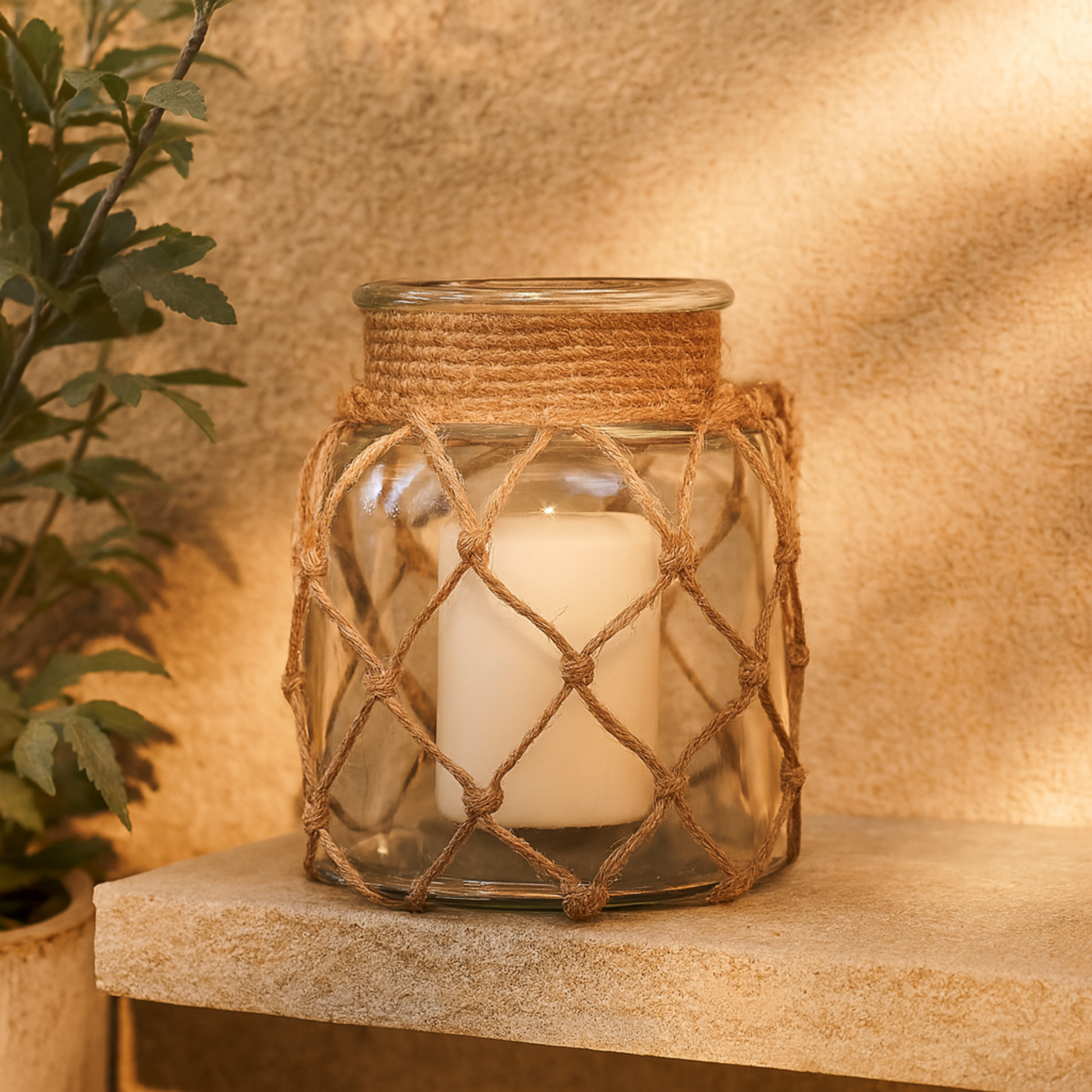 Brown Glass Handmade Decorative Indoor Outdoor Candle Lantern with Hanging Rope