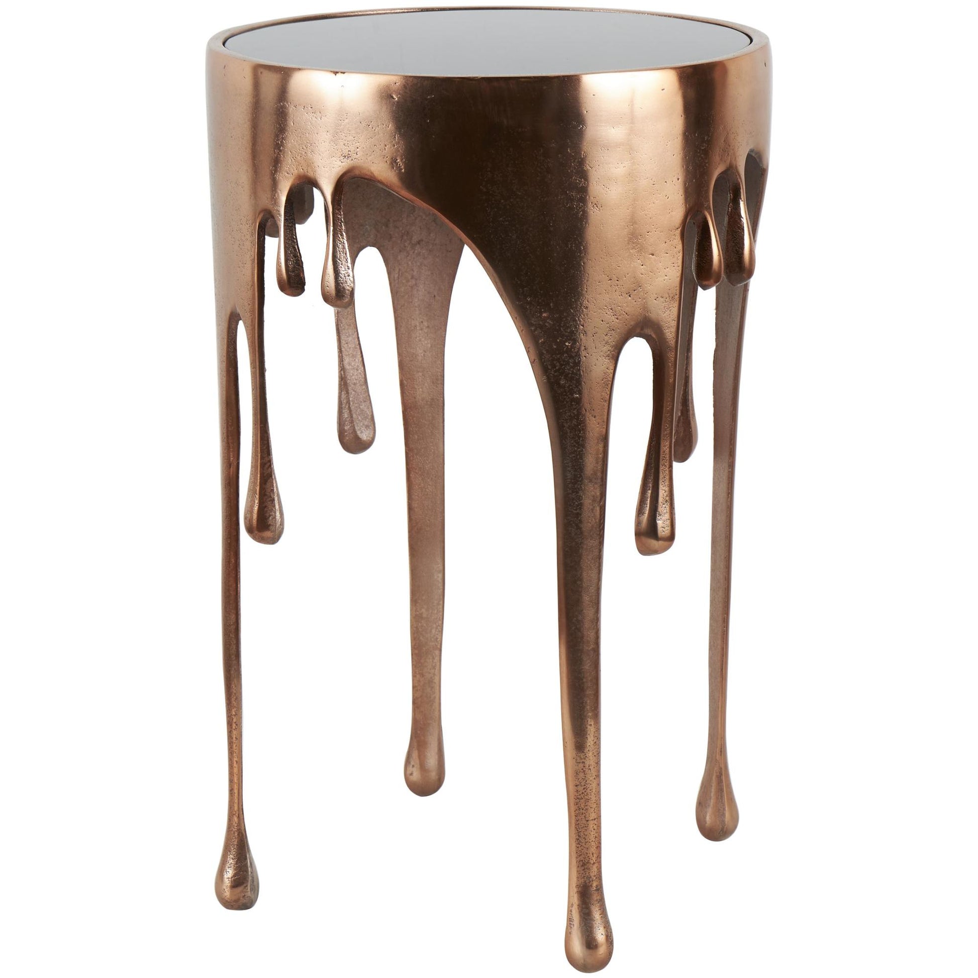 Abstract Aluminum Metal Drip Side End Accent Table with Melting Design and Shaded Glass Top