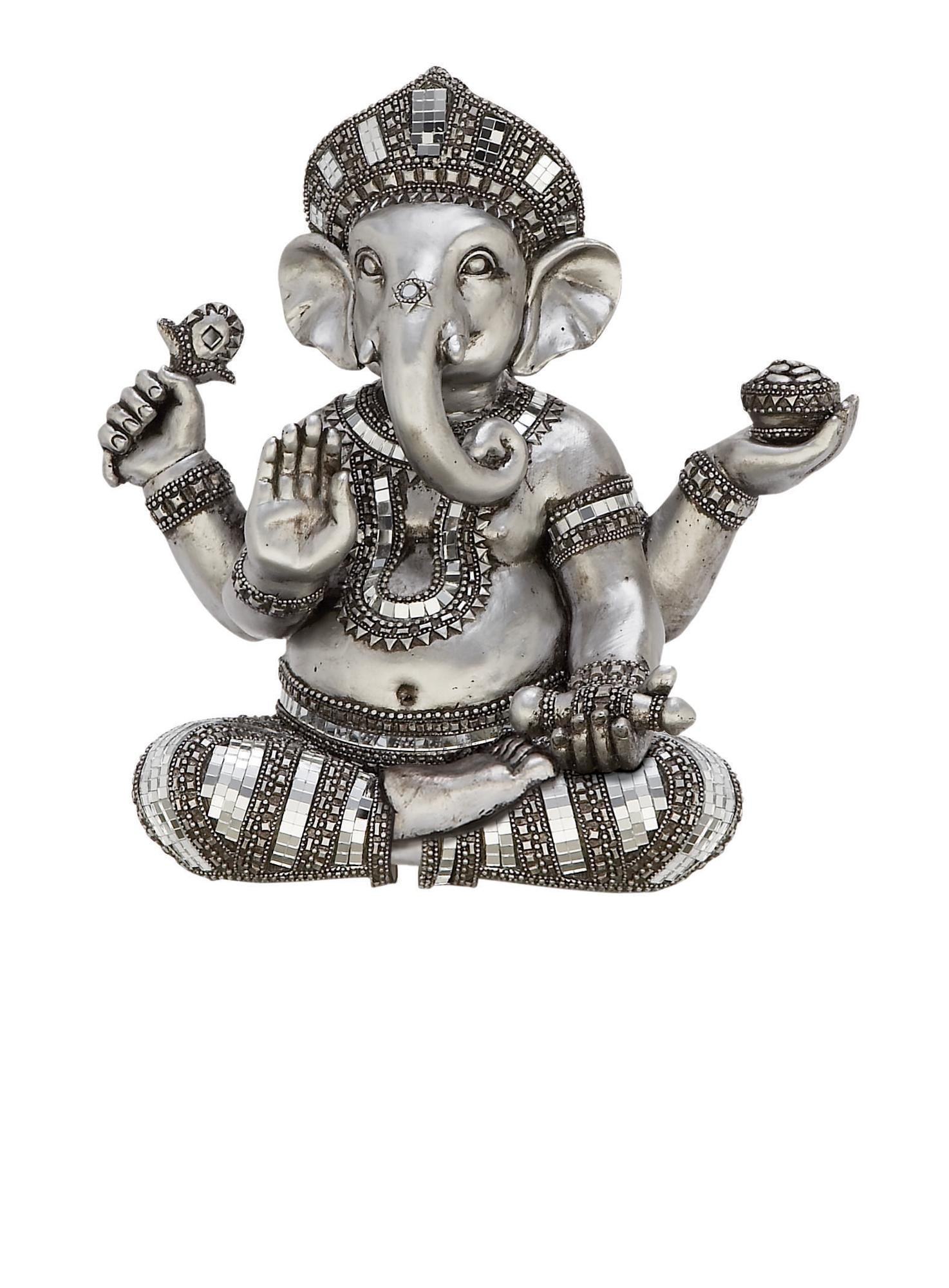 Ganesh Silver Polystone Meditating Decorative Sculpture with Engraved Carvings and Relief Detailing