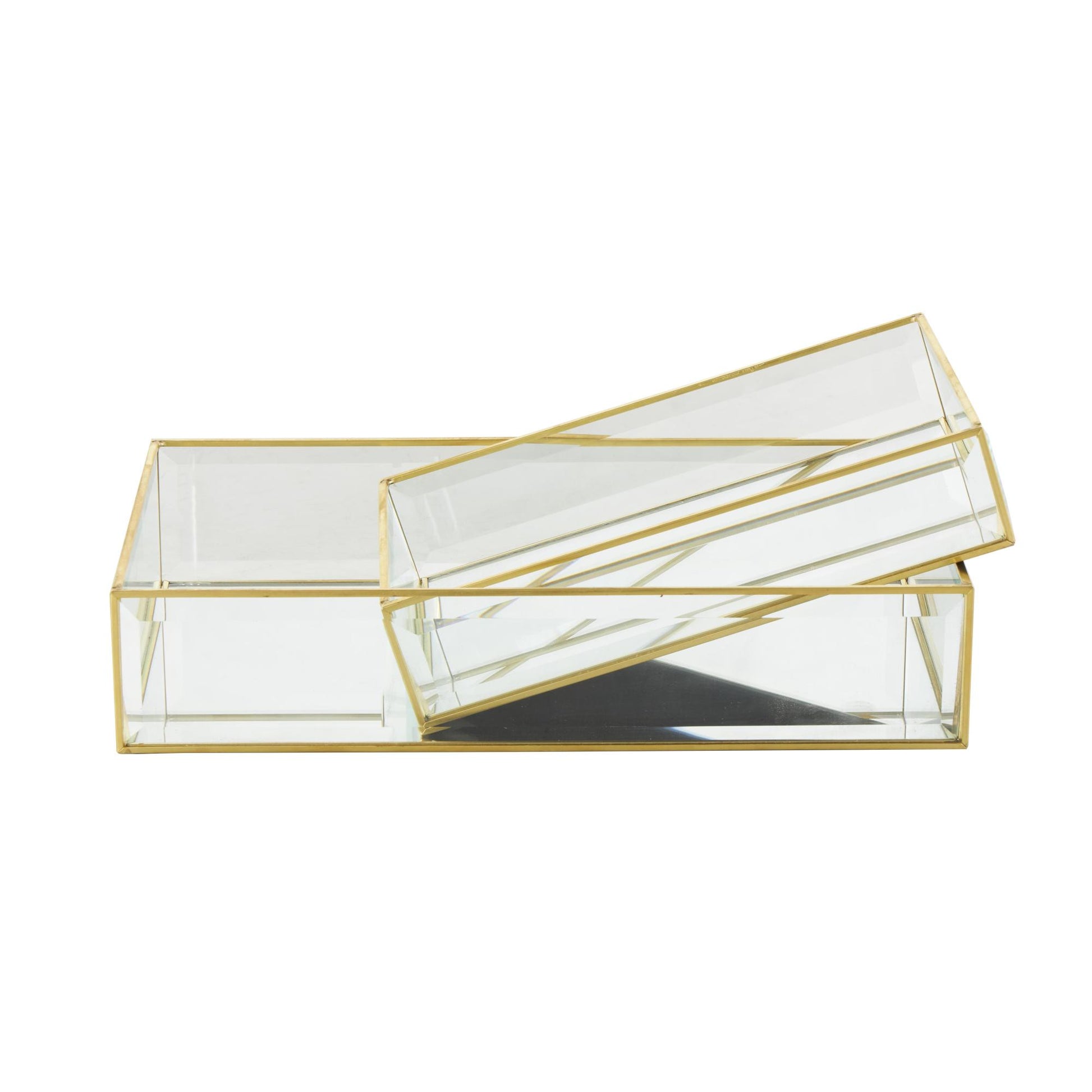 Set of 2 Clear Glass Beveled Decorative Jewelry Box with Gold Metal Frame