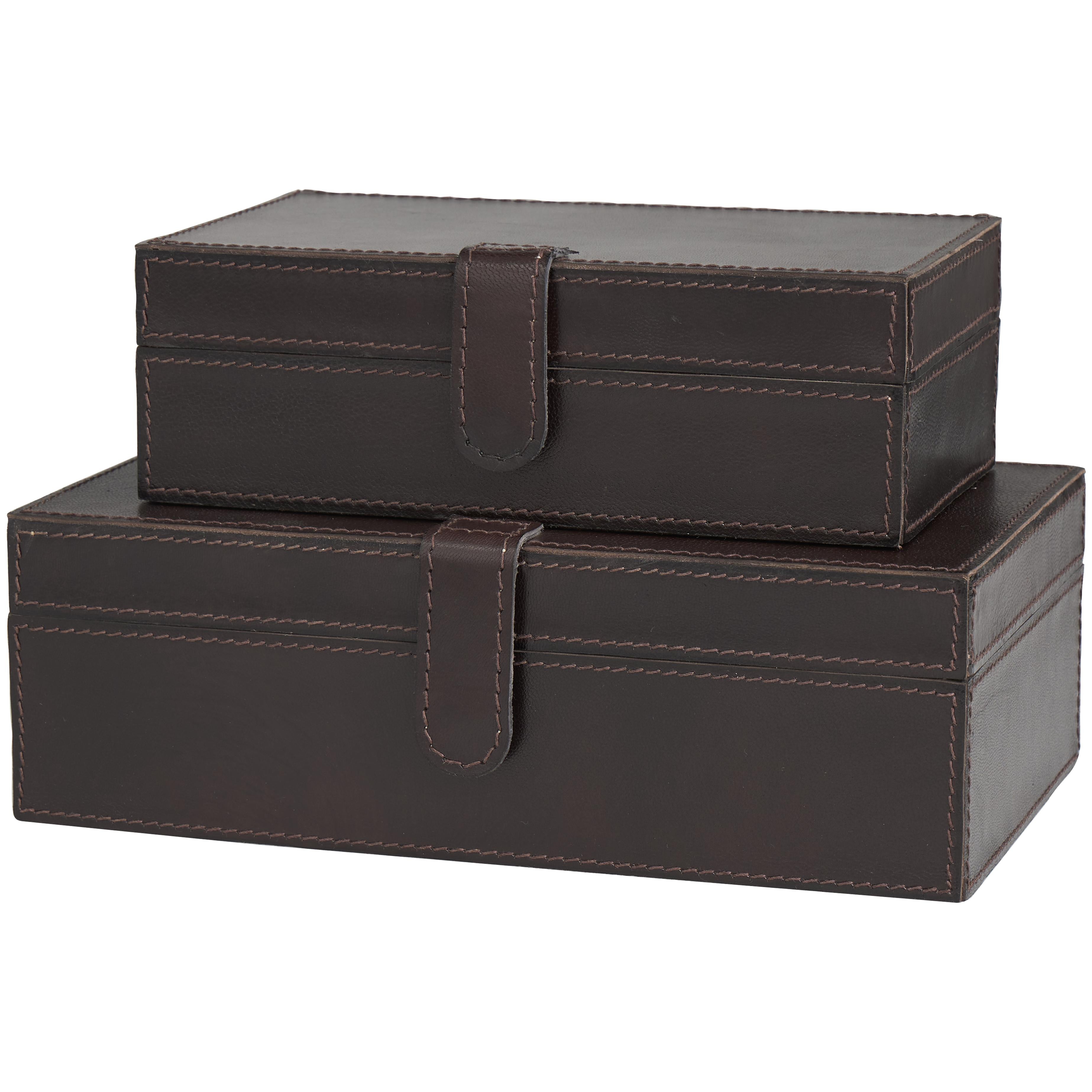 Set of 2 Leather Handmade Decorative Box with Snap Front Closure and Detailed Stitching