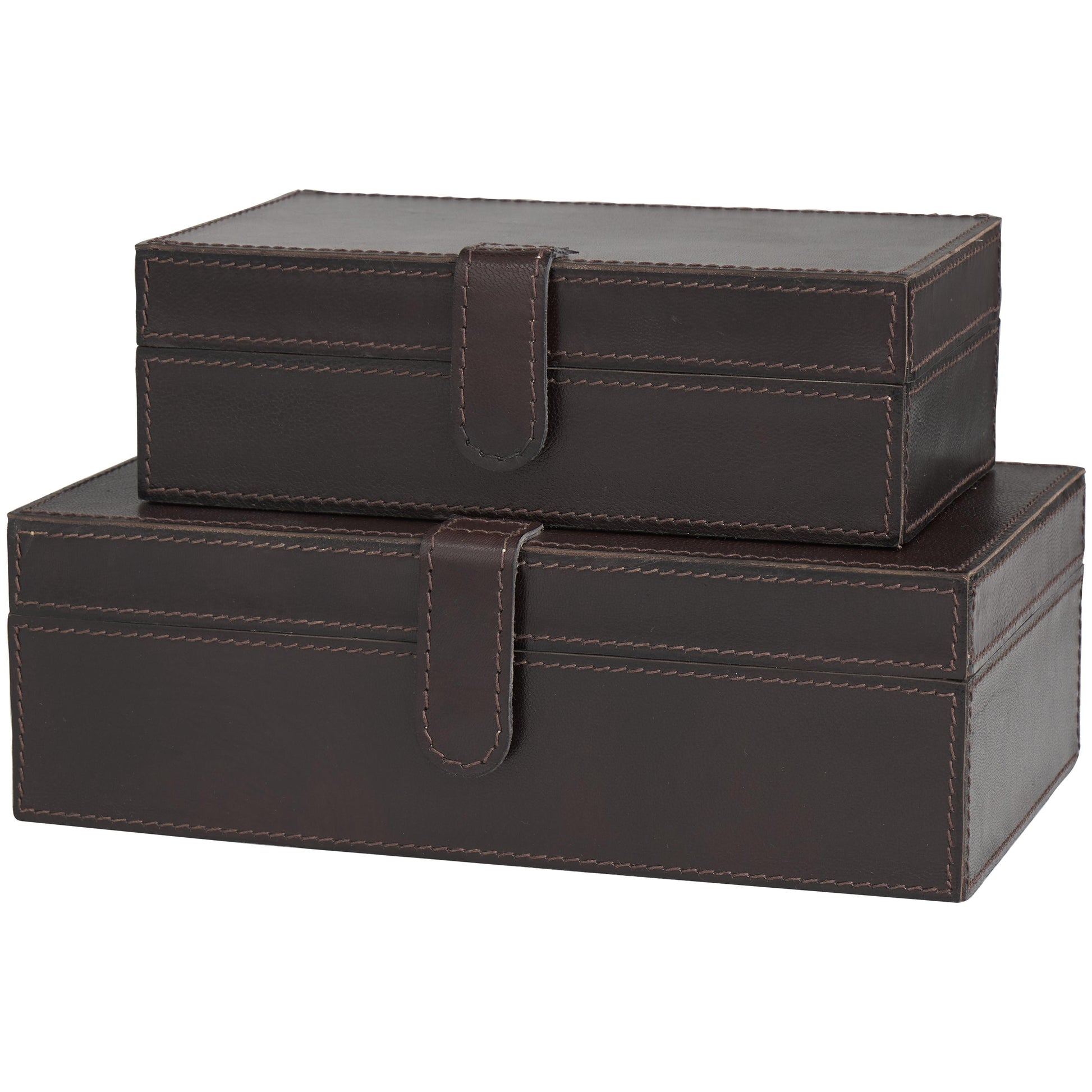 Set of 2 Leather Handmade Decorative Box with Snap Front Closure and Detailed Stitching