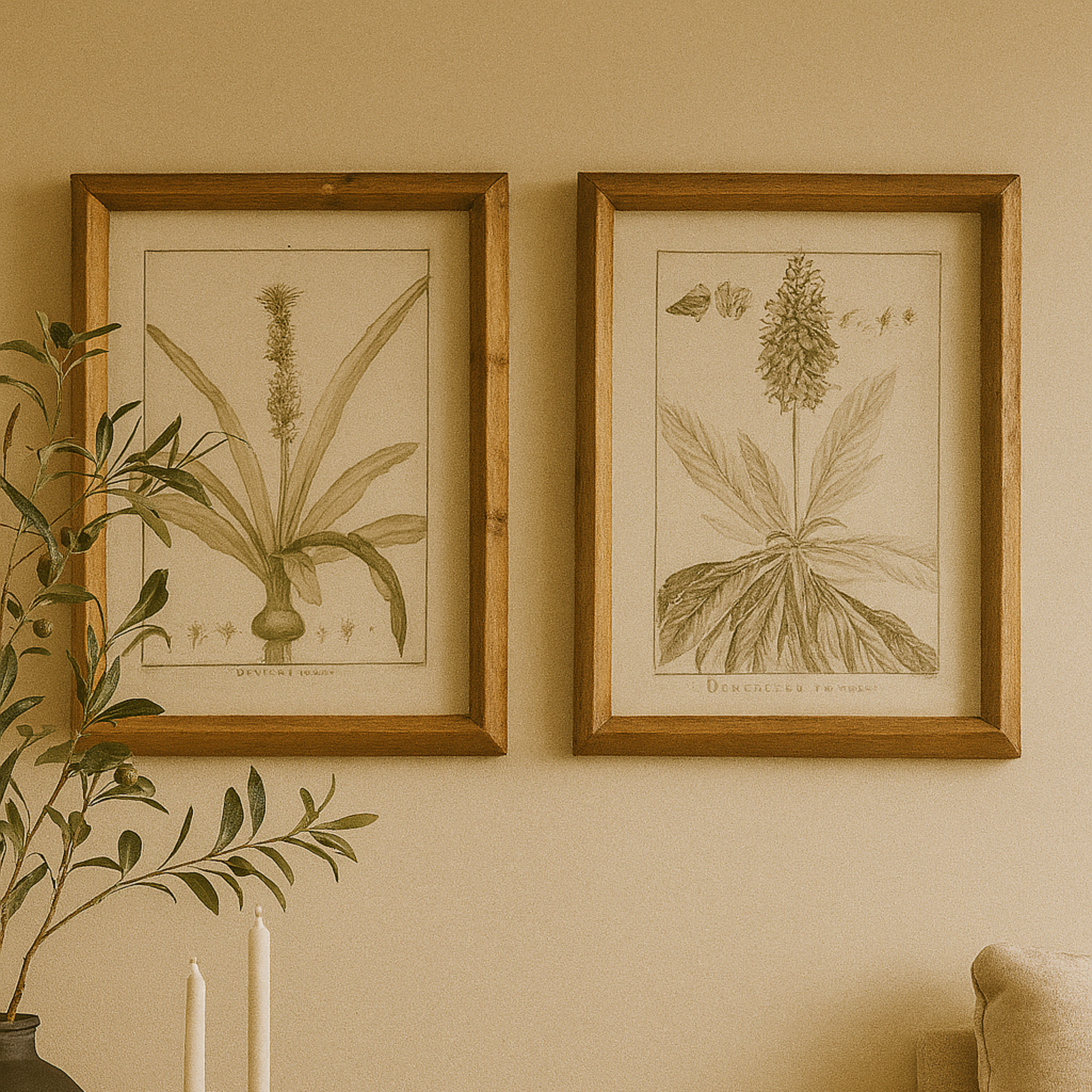 Set of 2 Leaf Light Brown Wood Living Room Framed Wall Art with Gray Accents