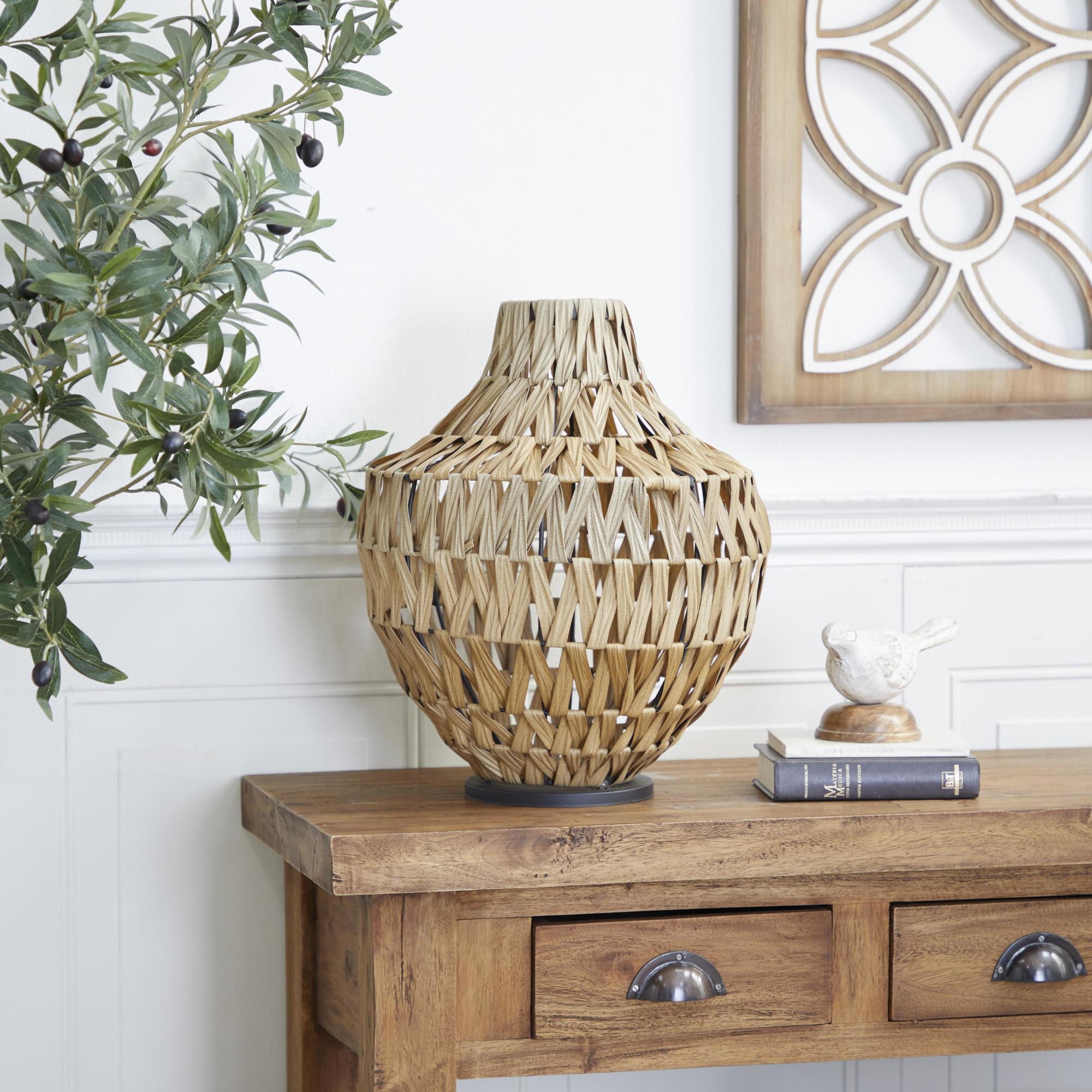 Brown Plastic Rattan Handmade Woven Decorative Vase with Black Metal Base