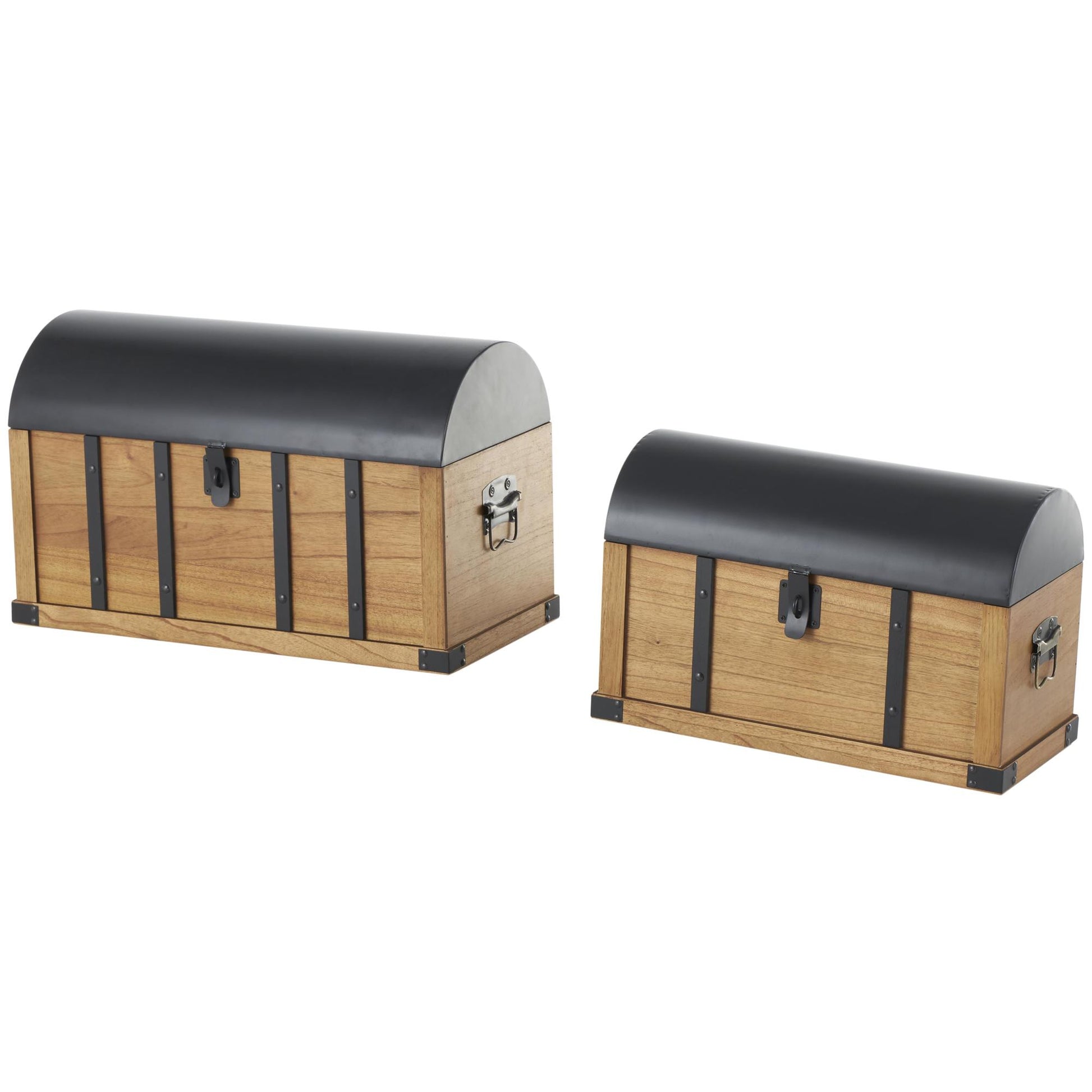 Set of 2 Brown Wooden Studded Storage Decorative Trunk with Black Metal Arched Tops and Vertical Strips