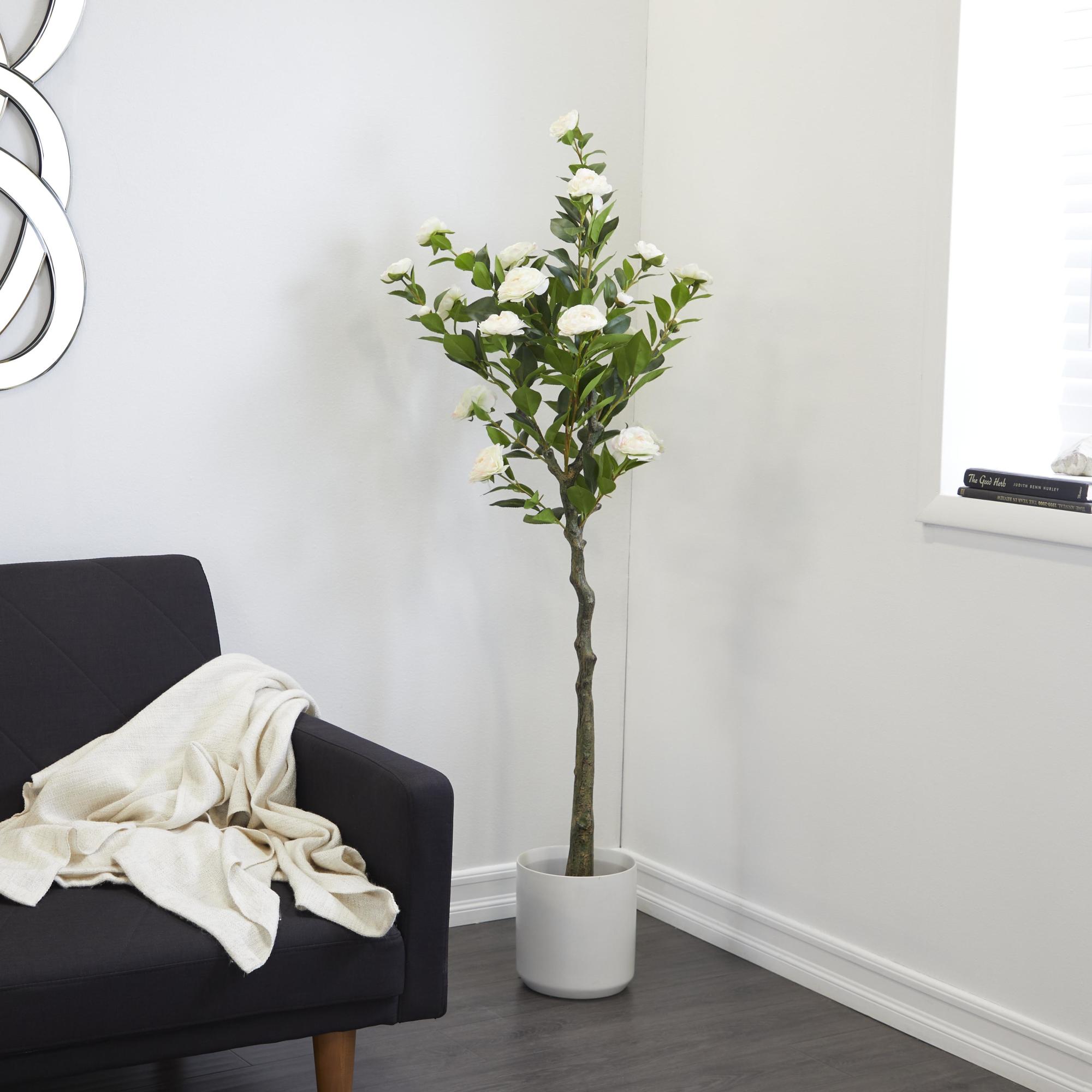 Camellia Green Faux Foliage Indoor Outdoor Artificial Tree with Realistic Leaves and Black Plastic Pot