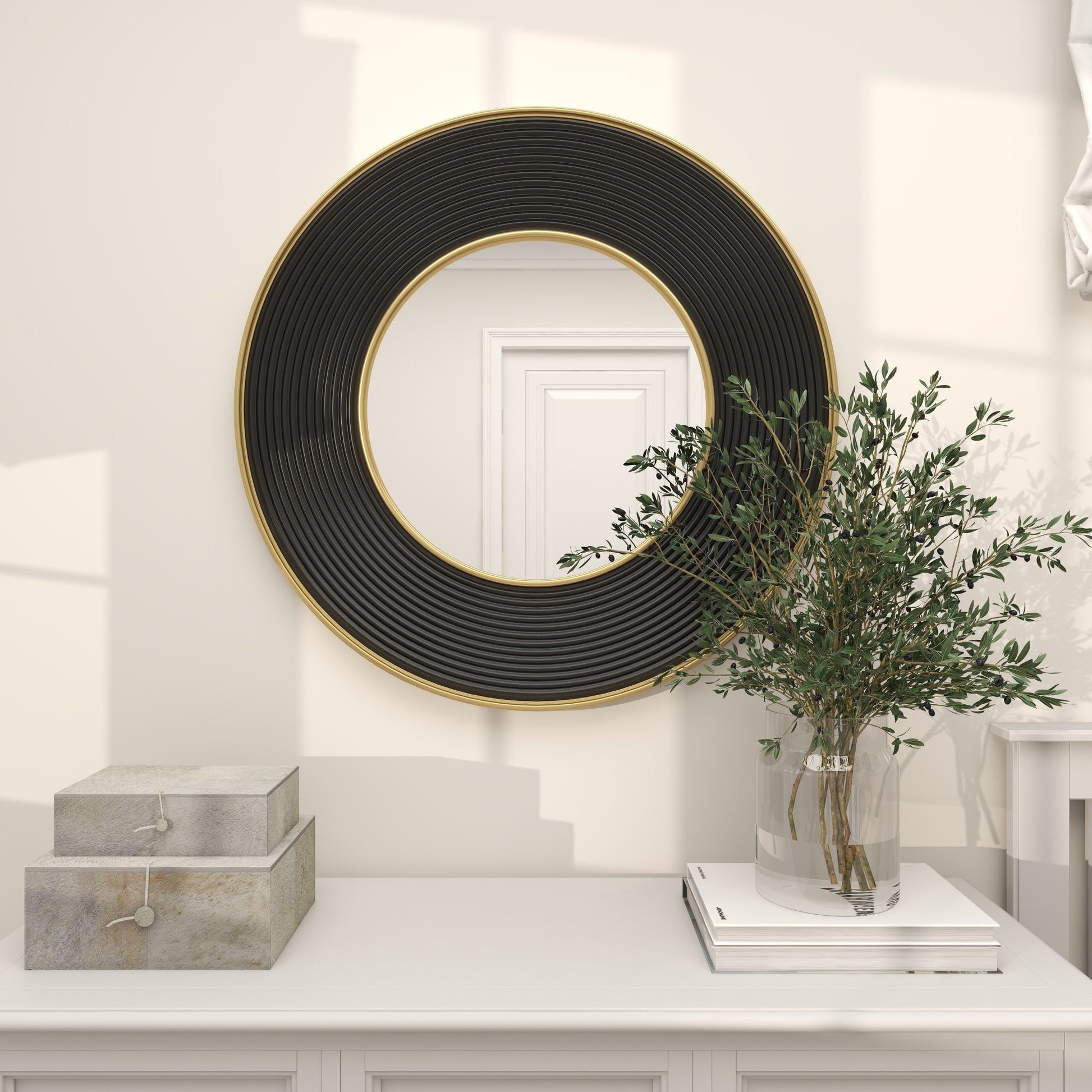 CosmoLiving by Cosmopolitan Black Metal Ribbed Room Wall Mirror with Gold Edges