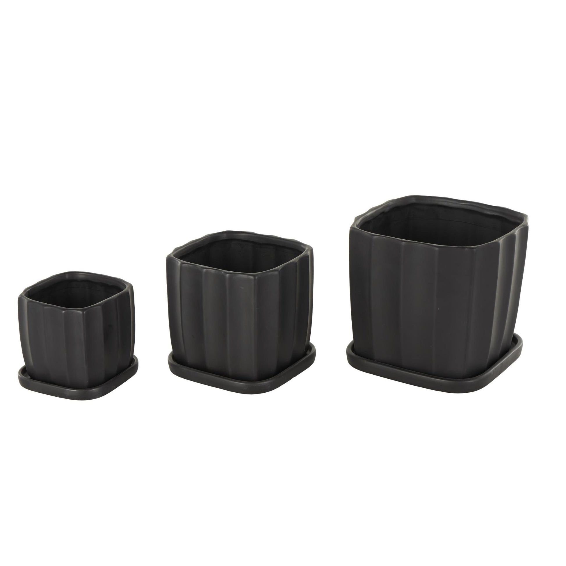 Set of 3 Ceramic Ribbed Indoor Outdoor Planter with Attached Saucer Set of 3 7", 6", 5"H