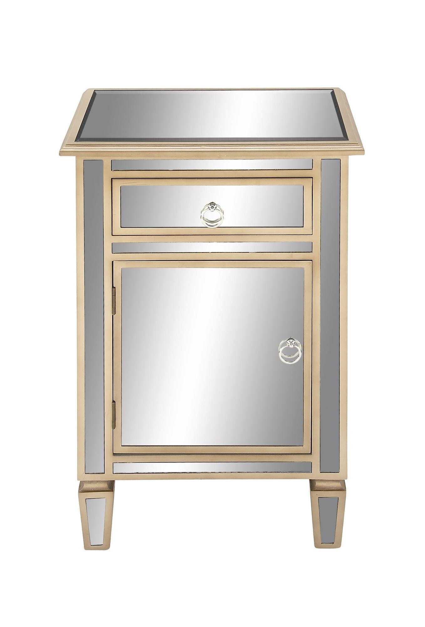 Beige Glass Mirrored 1 Door and 1 Drawer Room Cabinet