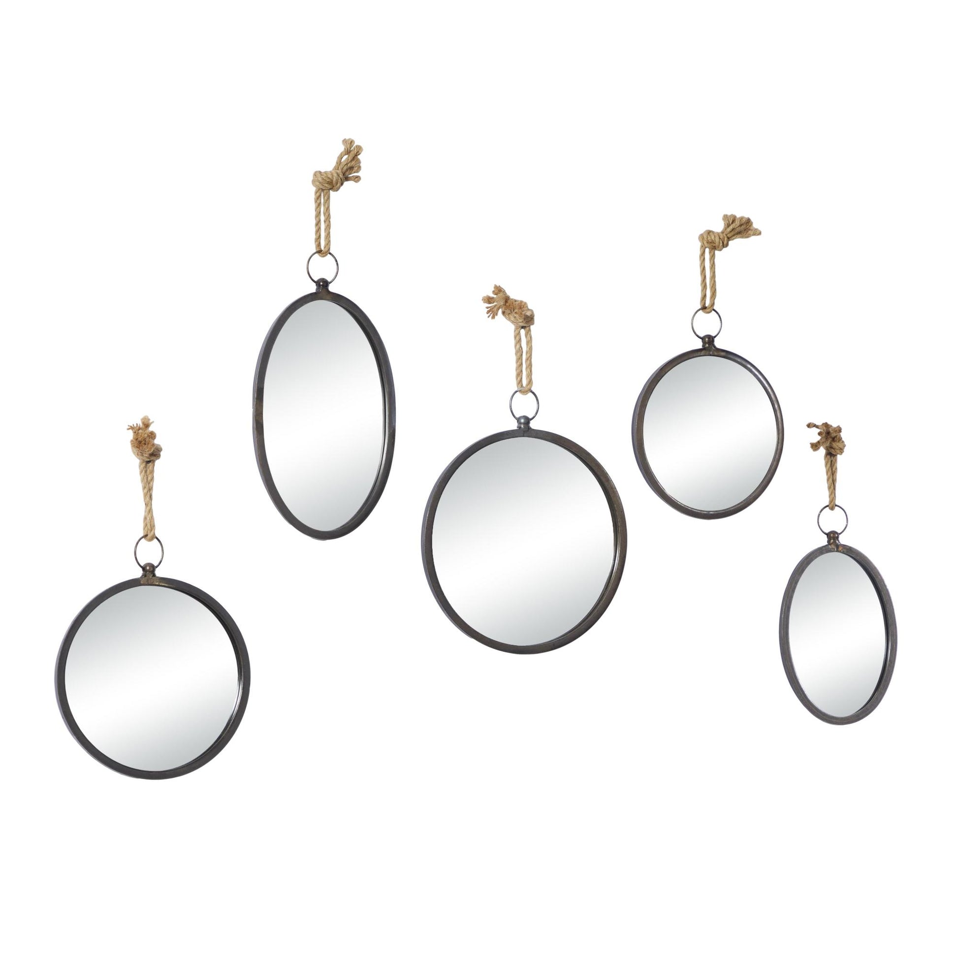 Set of 5 Gray Metal Room Wall Mirror with Hanging Rope