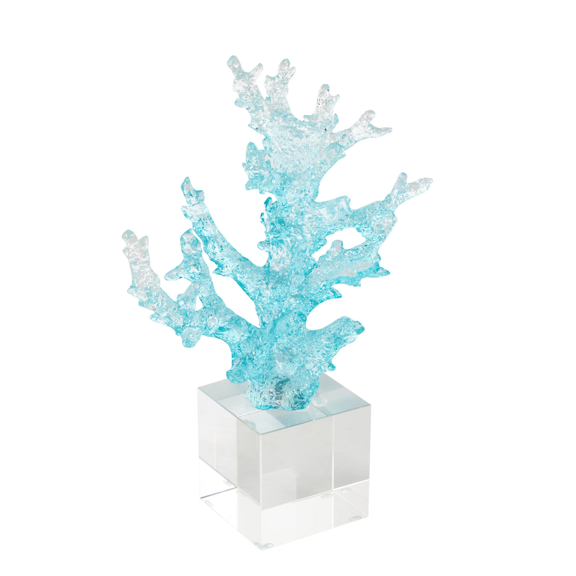 Coral Blue Glass Ombre Decorative Sculpture with Clear Square Base