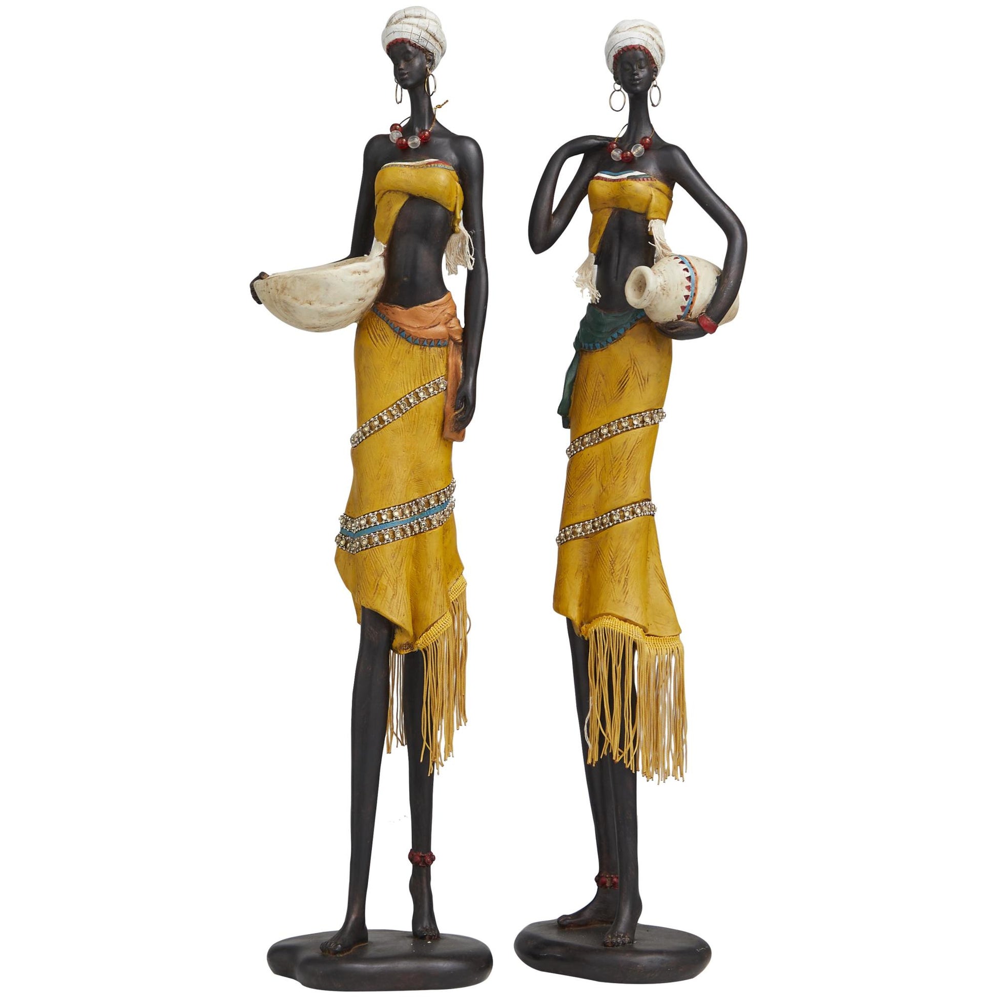 Set of 2 Woman Yellow Polyresin Handmade African Decorative Sculpture with Water Jugs and Jeweled Details