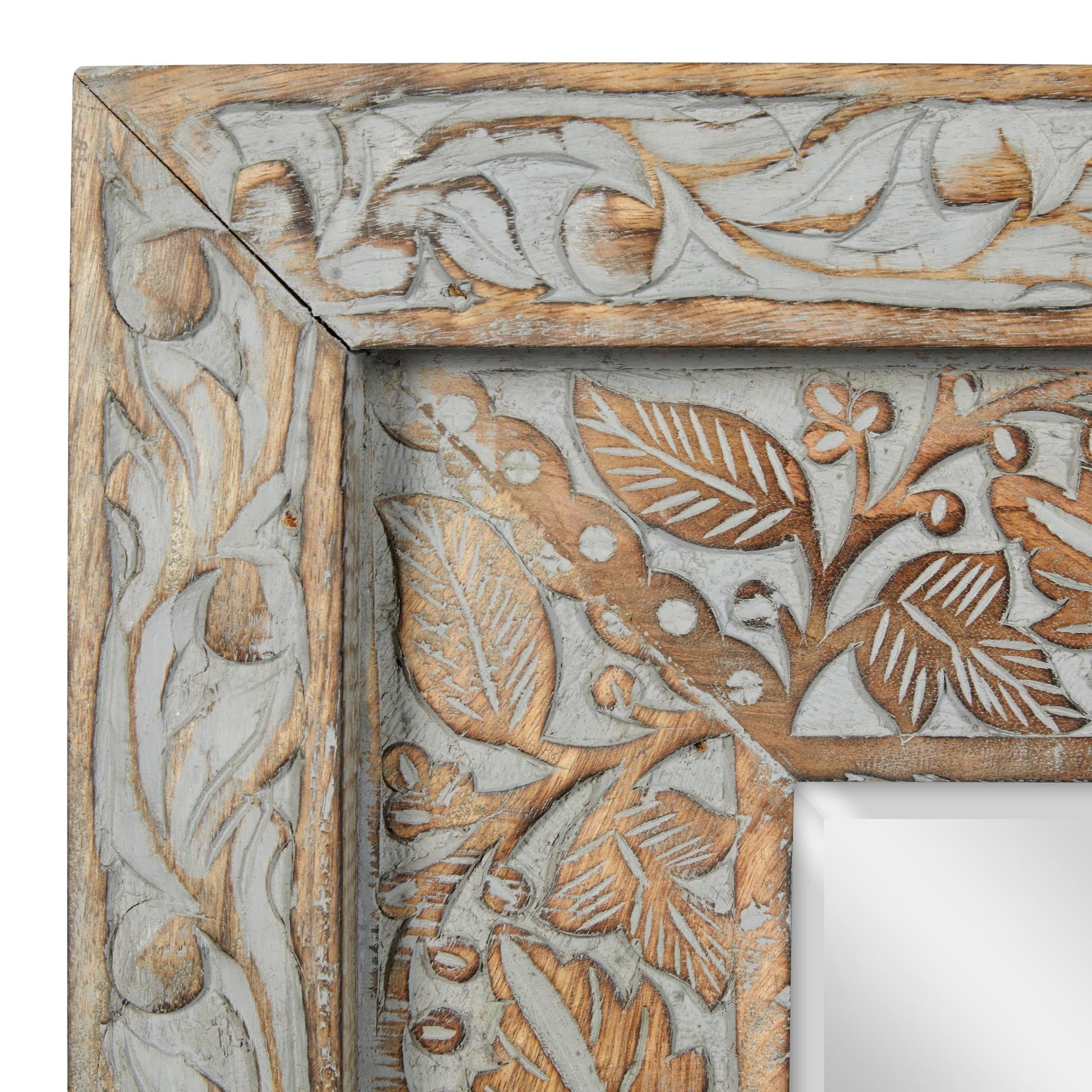 Floral Gray Wood Handmade Intricately Carved Room Wall Mirror
