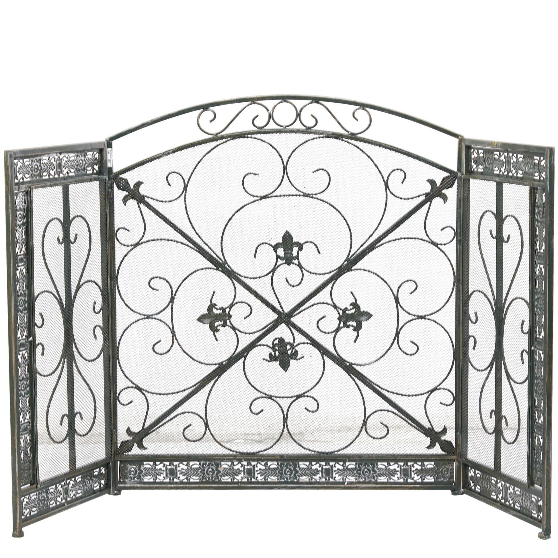 Fleur De Lis Green Metal Foldable Arched 3 Panel Living Room Fireplace Screen