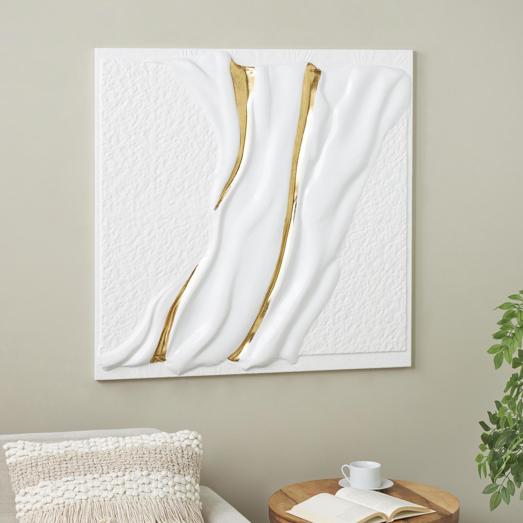 Abstract White Metal Dimensional Textured Wavy Living Room Framed Wall Art with Curved Gold Accents