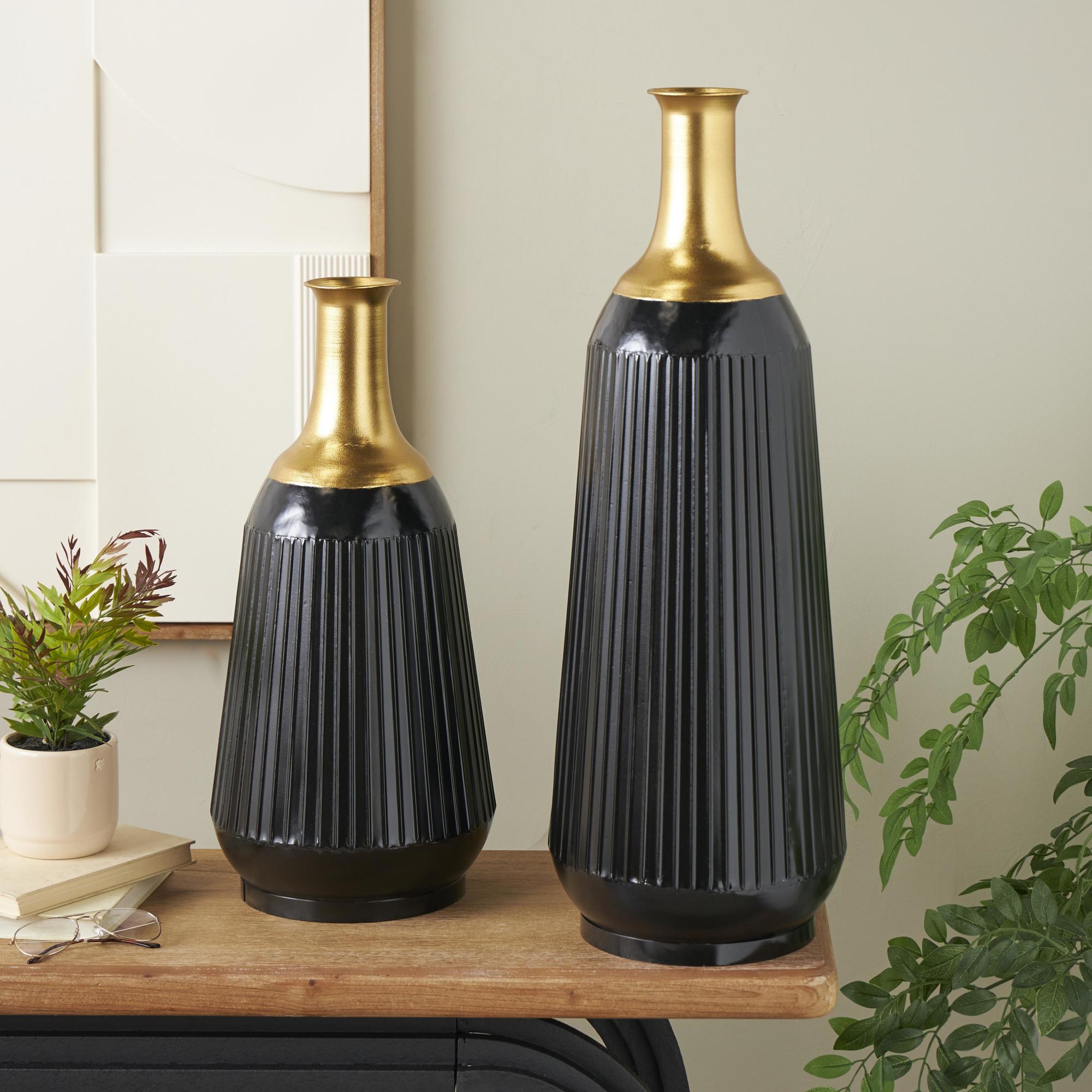 Set of 2 Black Metal Tall Ribbed Decorative Vase with Gold Tops
