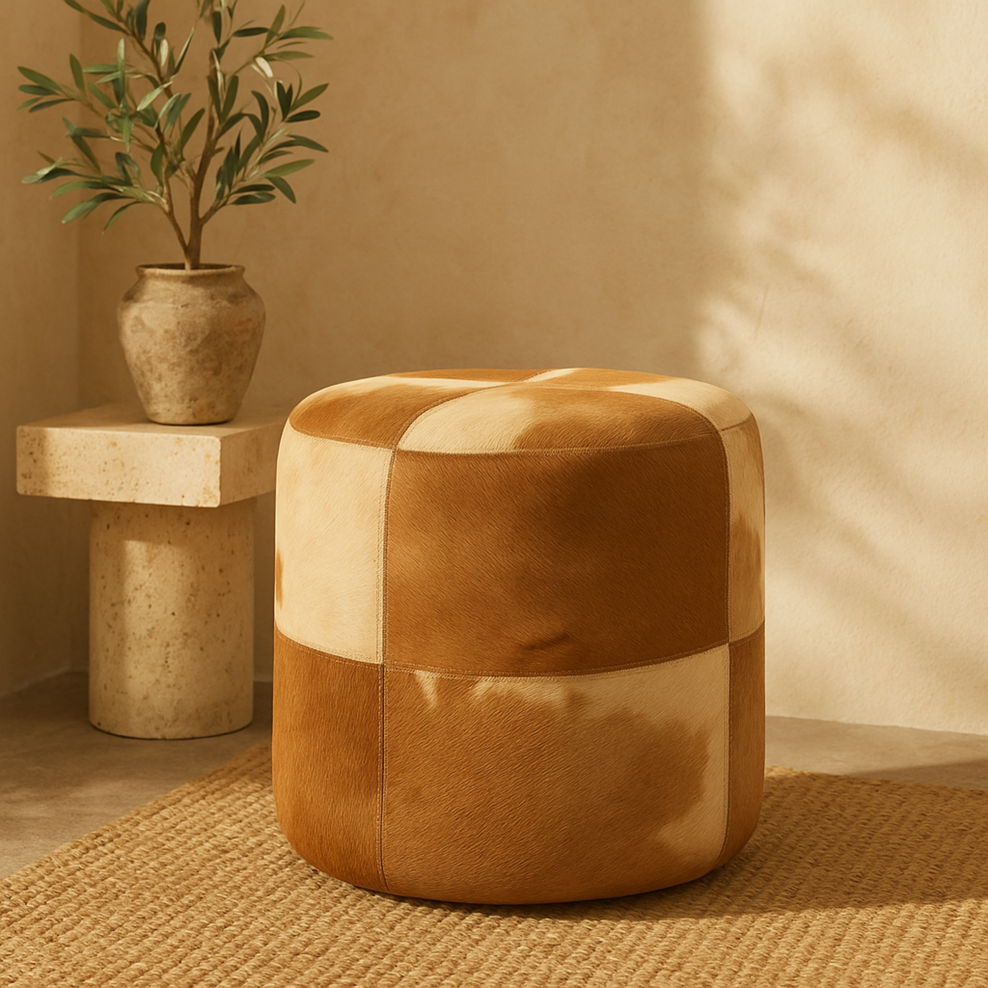 Leather Handmade Living Room Stool with Patchwork Pattern 16" x 16" x 17"