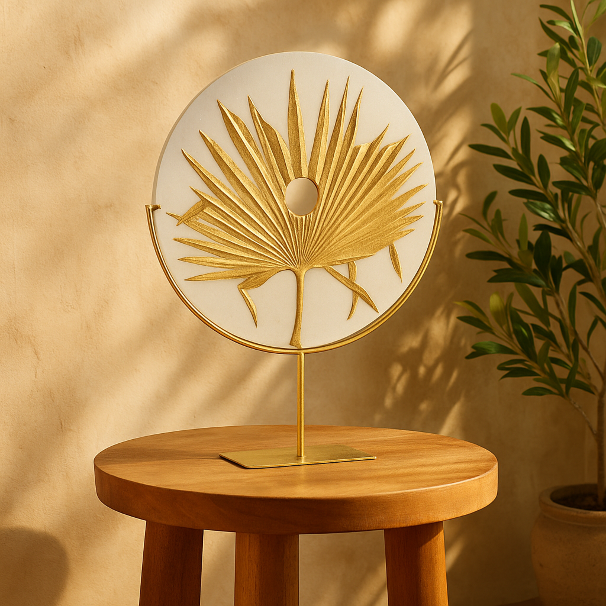 Leaf White Polystone Cutout Round Disk Decorative Sculpture with Gold Stand