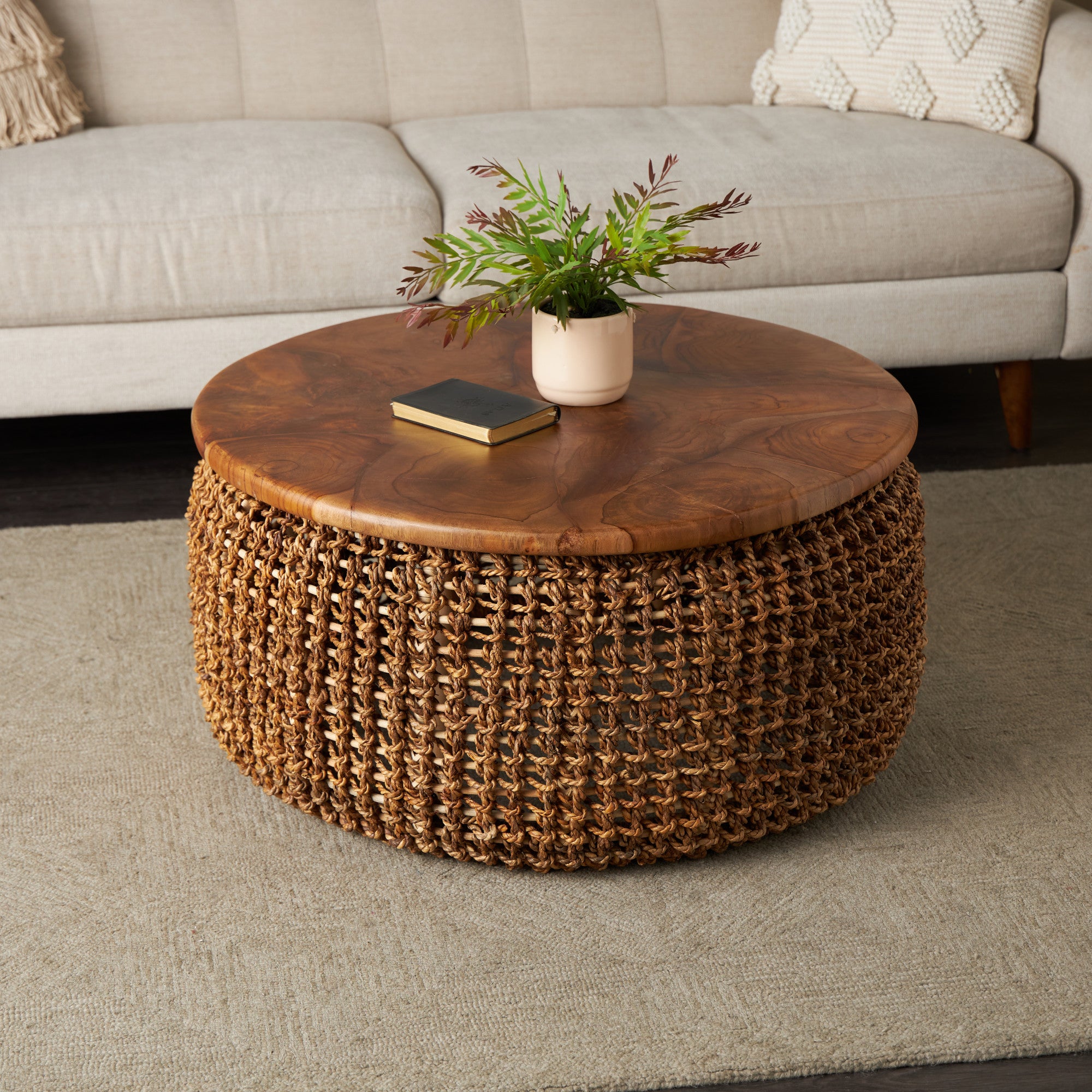Brown Rattan Woven Living Room Coffee Table with Teak Tabletop