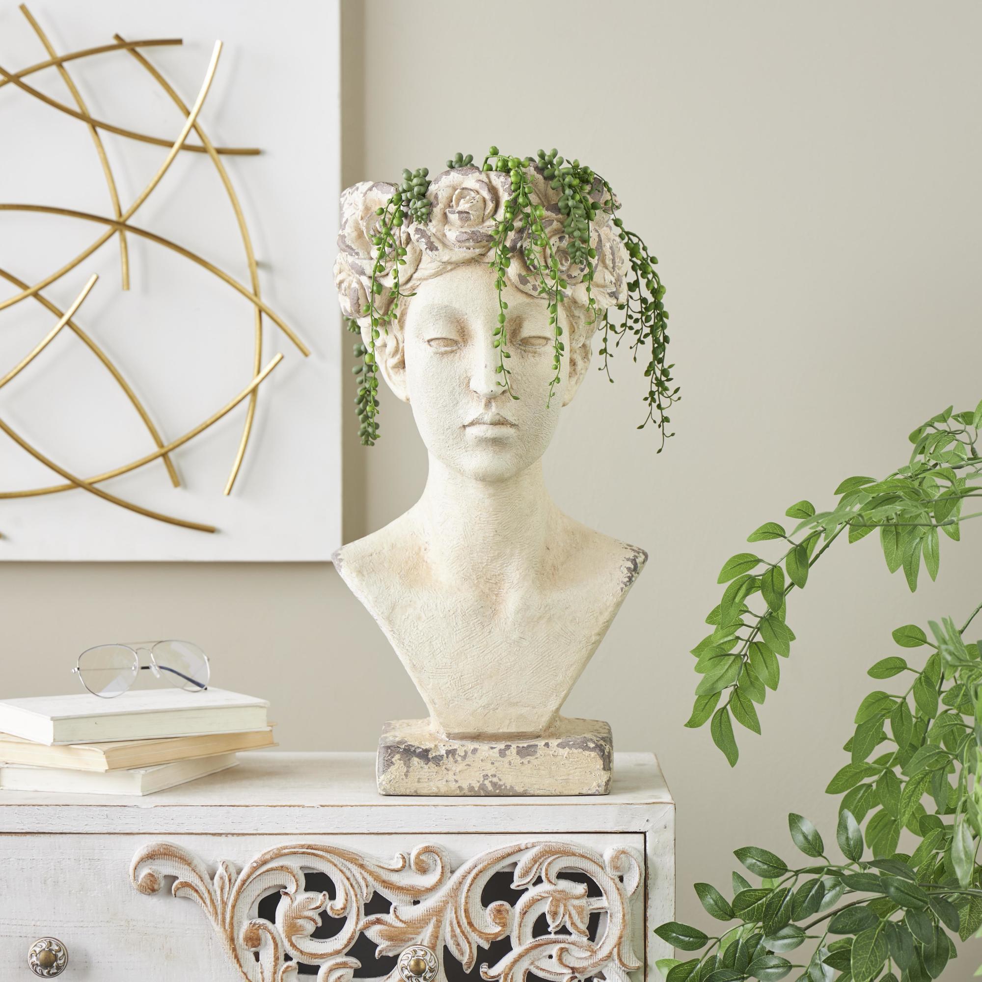 Woman Cream Magnesium Oxide Distressed Antique Greek Bust Indoor Outdoor Planter with Floral Accents