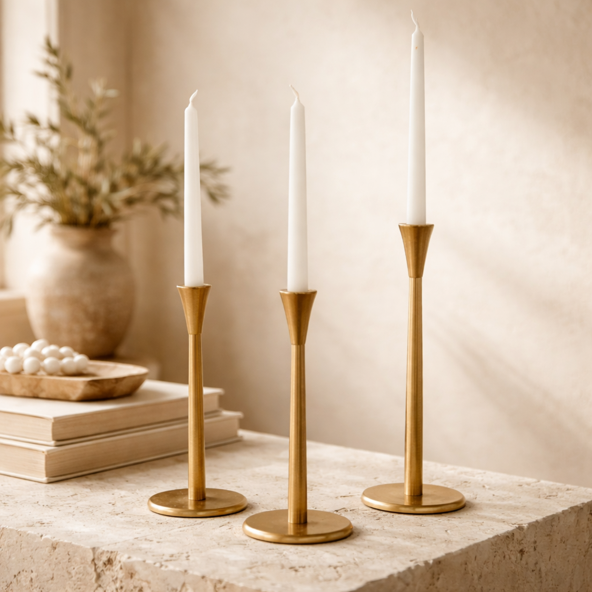Set of 3 Gold Aluminum Metal Tapered Slim Decorative Candle Holder with Round Base