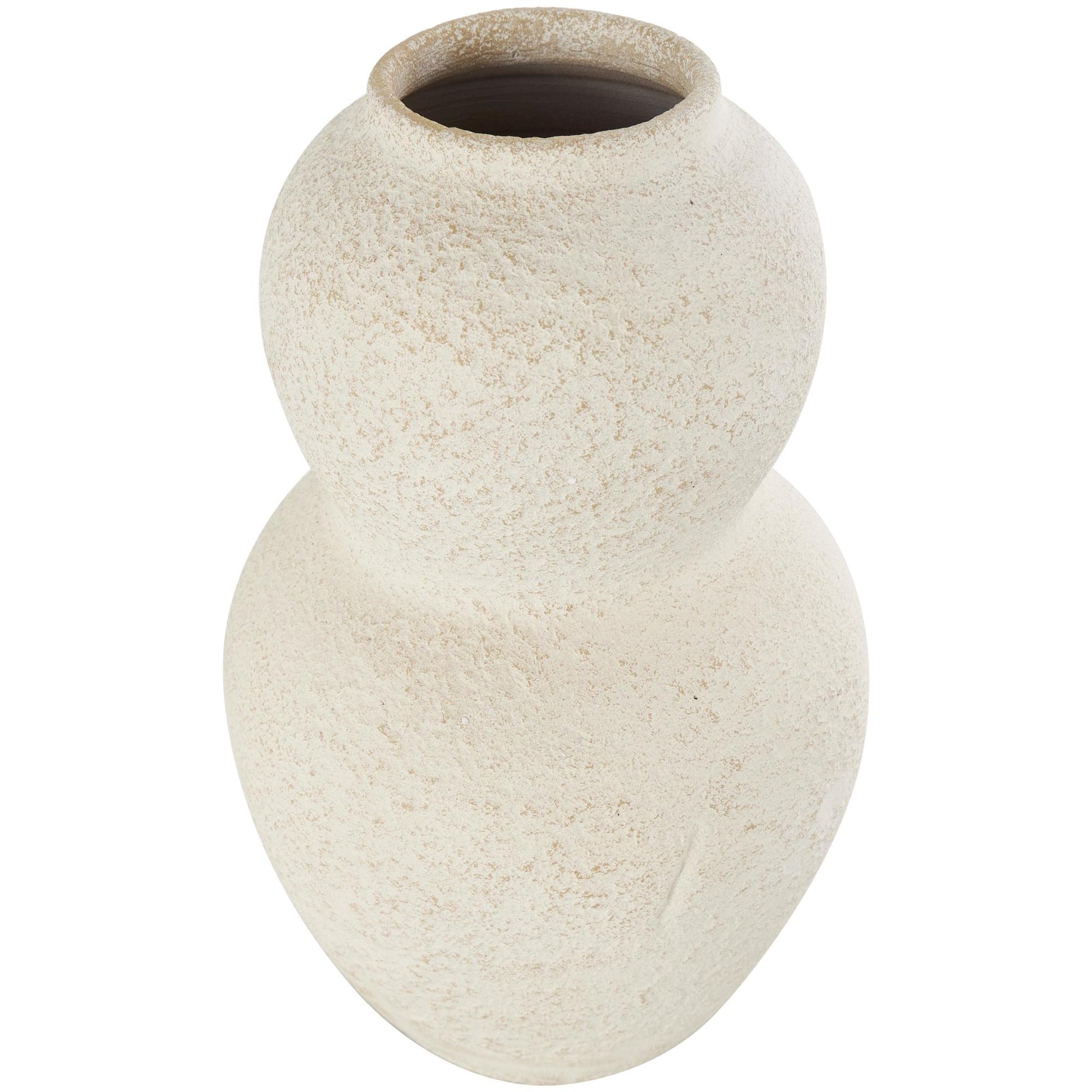 Cream Ceramic Hourglass Textured Decorative Vase with Brown Distressing