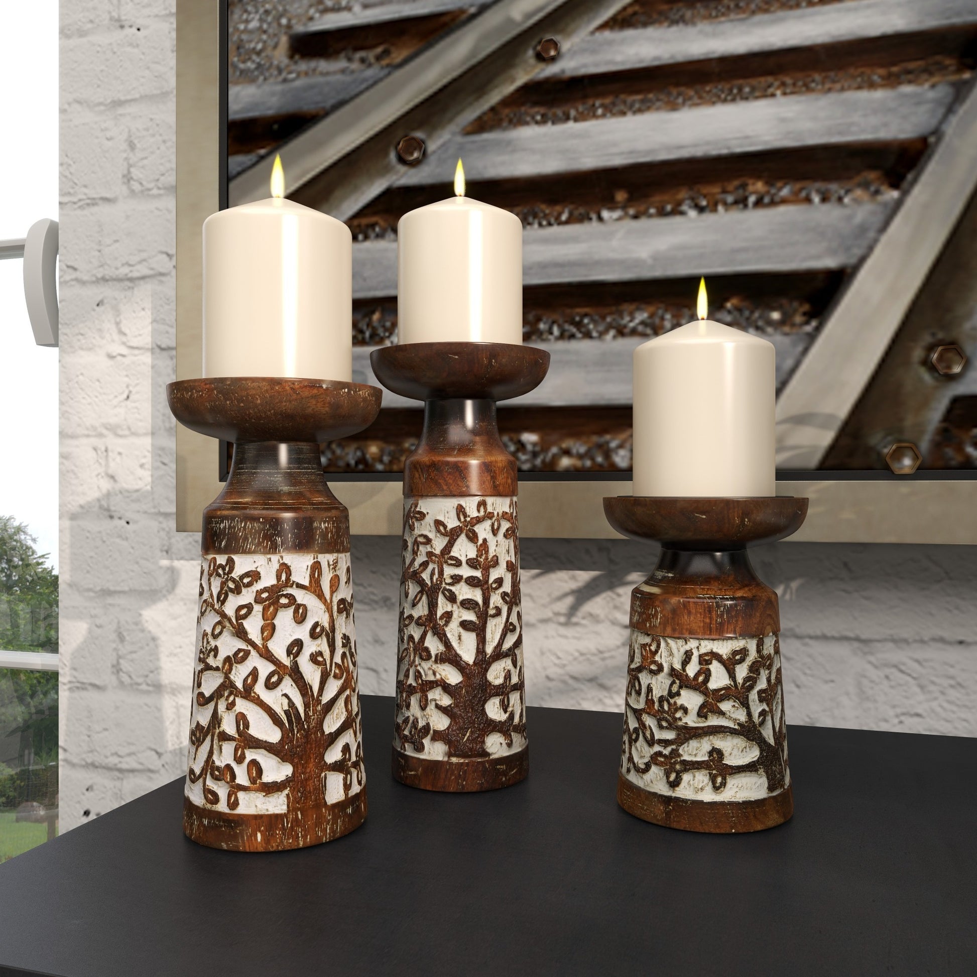 Set of 3 Floral Mango Wood Handmade Carved Pillar Decorative Candle Holder with Whitewashed Cream Backing Set of 3 10", 8", 6"H