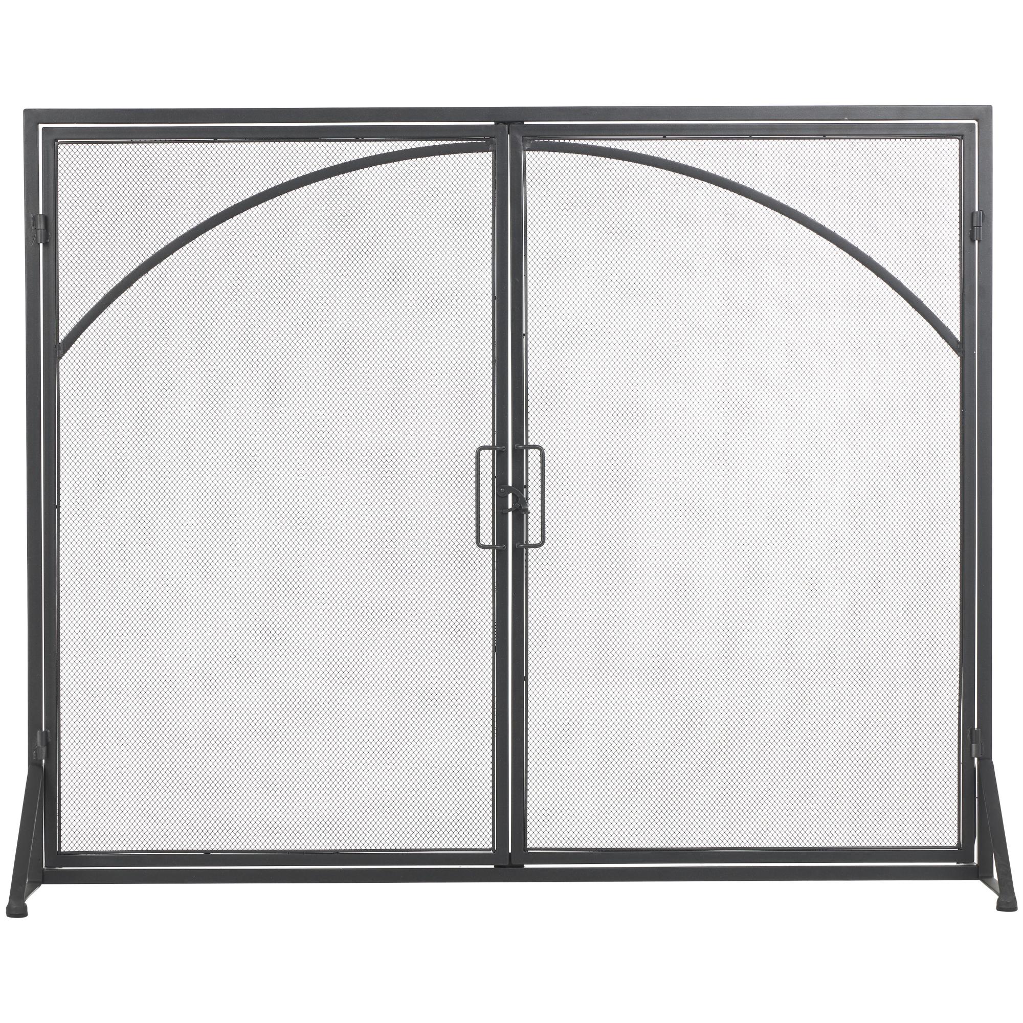 Black Metal Single Panel Living Room Fireplace Screen with Arch Inspired Doors and Handles