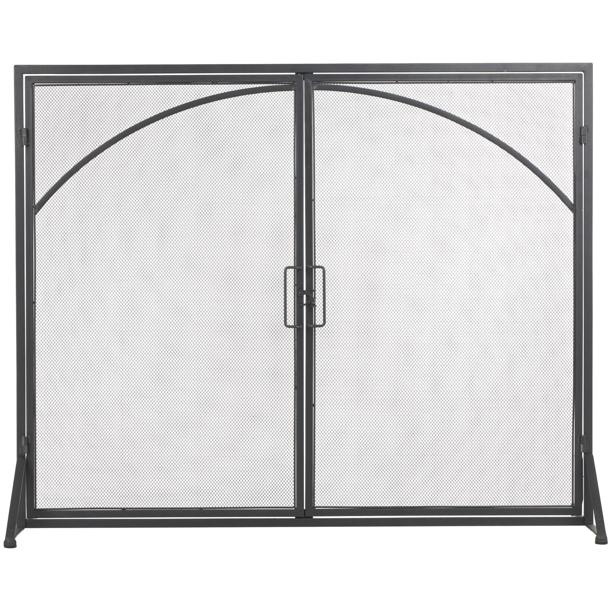 Black Metal Single Panel Living Room Fireplace Screen with Arch Inspired Doors and Handles