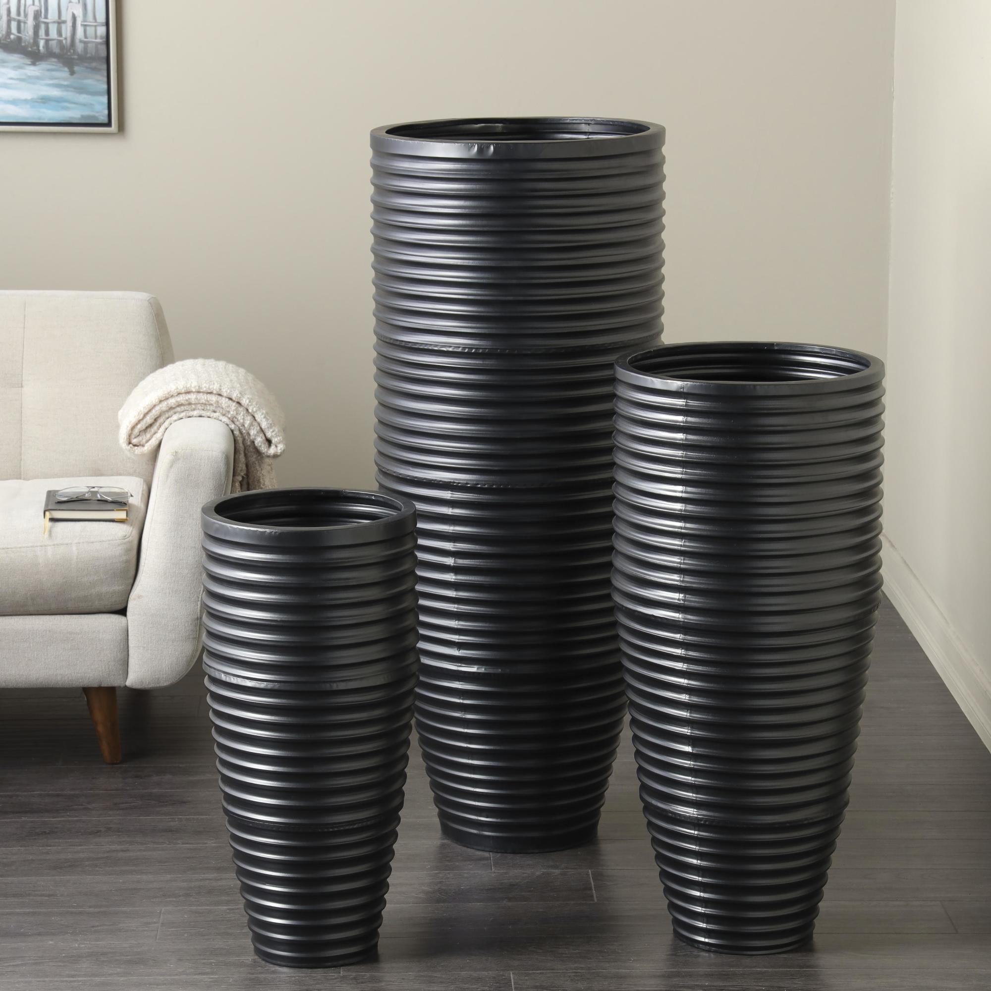 Set of 3 Black Metal Ribbed Tall Floor Decorative Vase with Horizontal Grooves