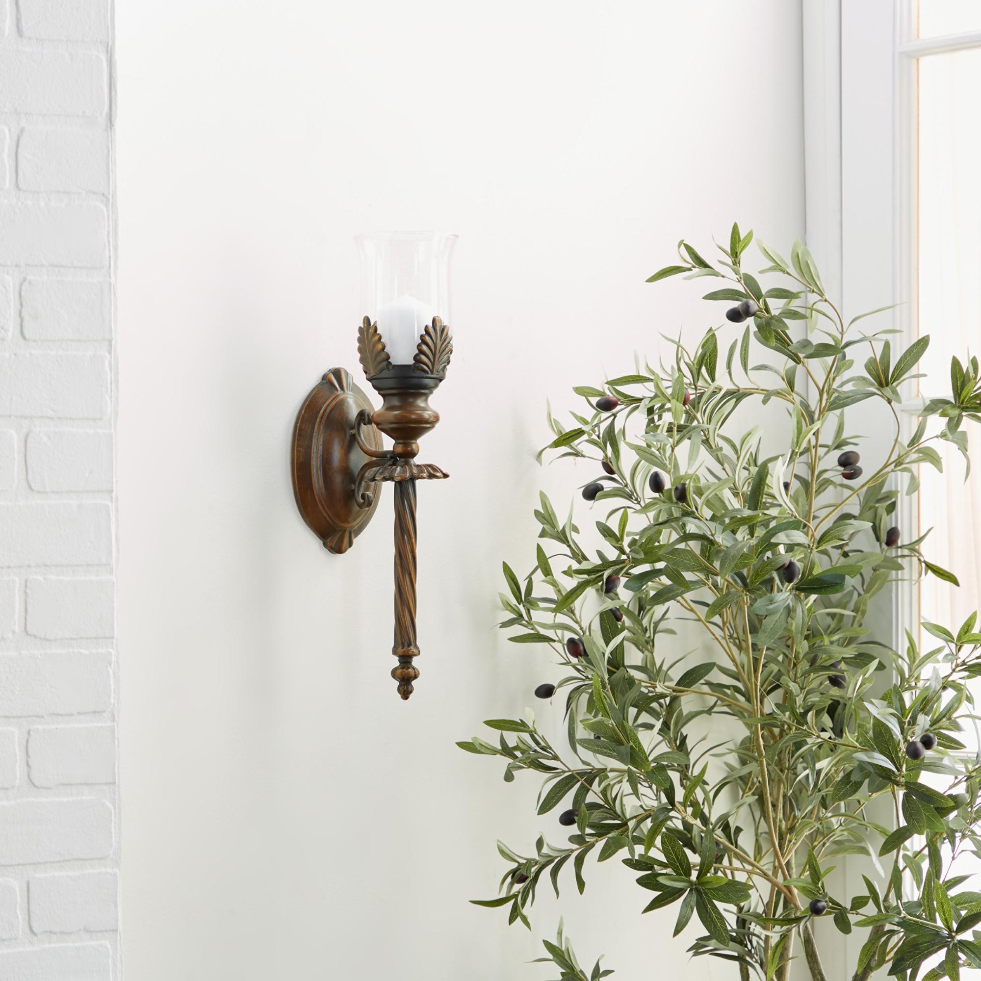 Leaf Brown Metal Candle Indoor Outdoor Wall Sconce with Twisted Base
