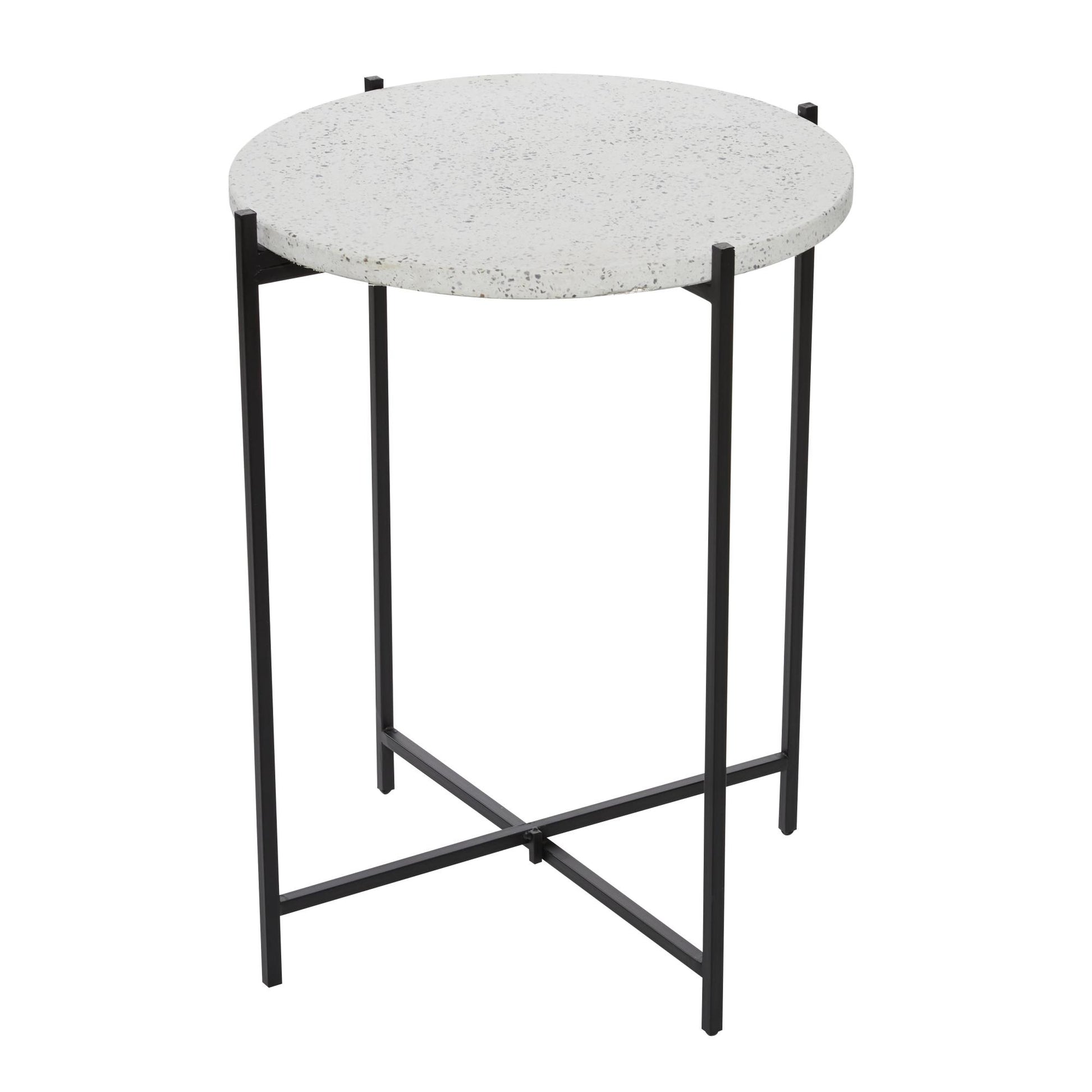 White Terrazzo Stone Side End Accent Table with Black Metal X-Stand