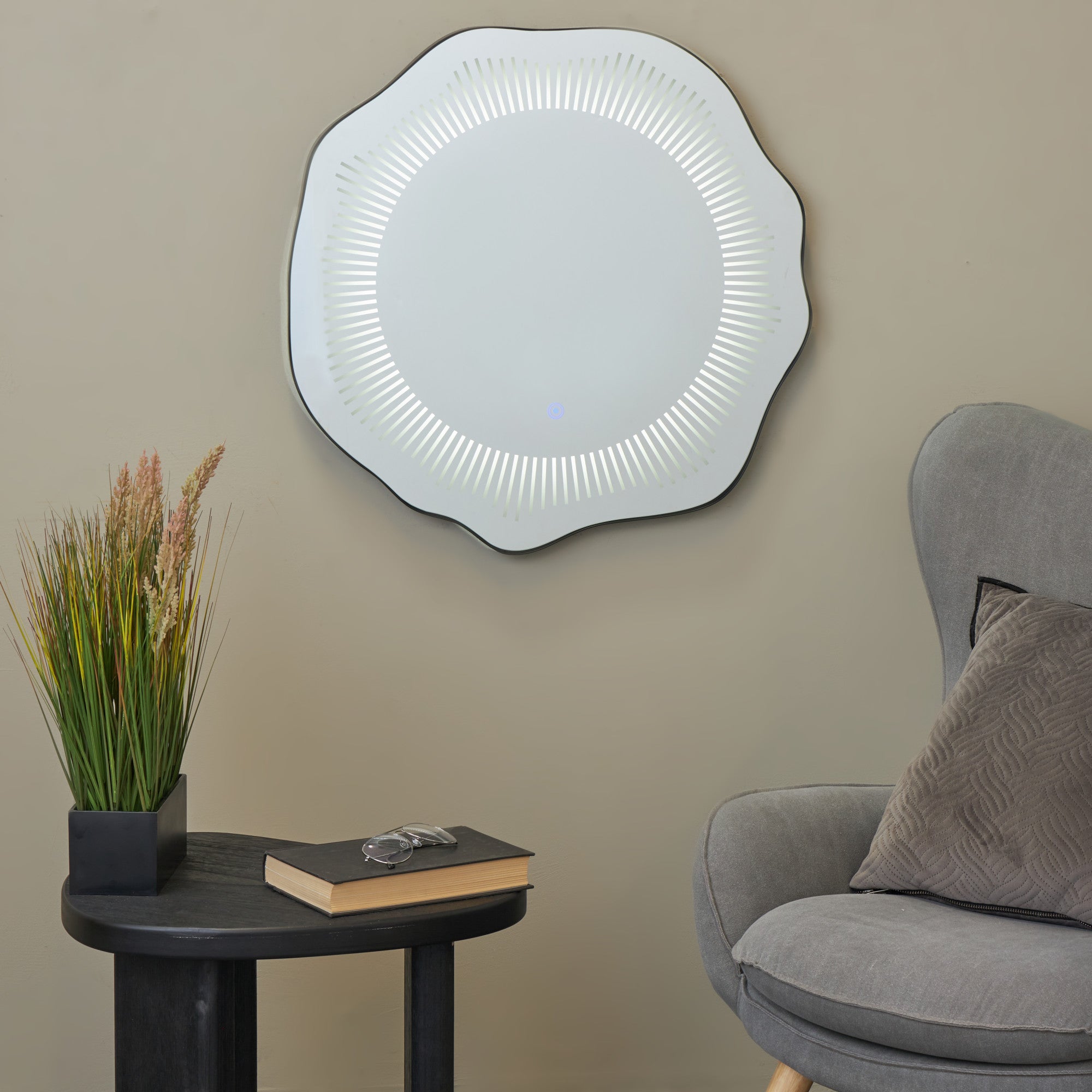 Abstract Silver Glass Wavy LED Room Wall Mirror with Radial Pattern