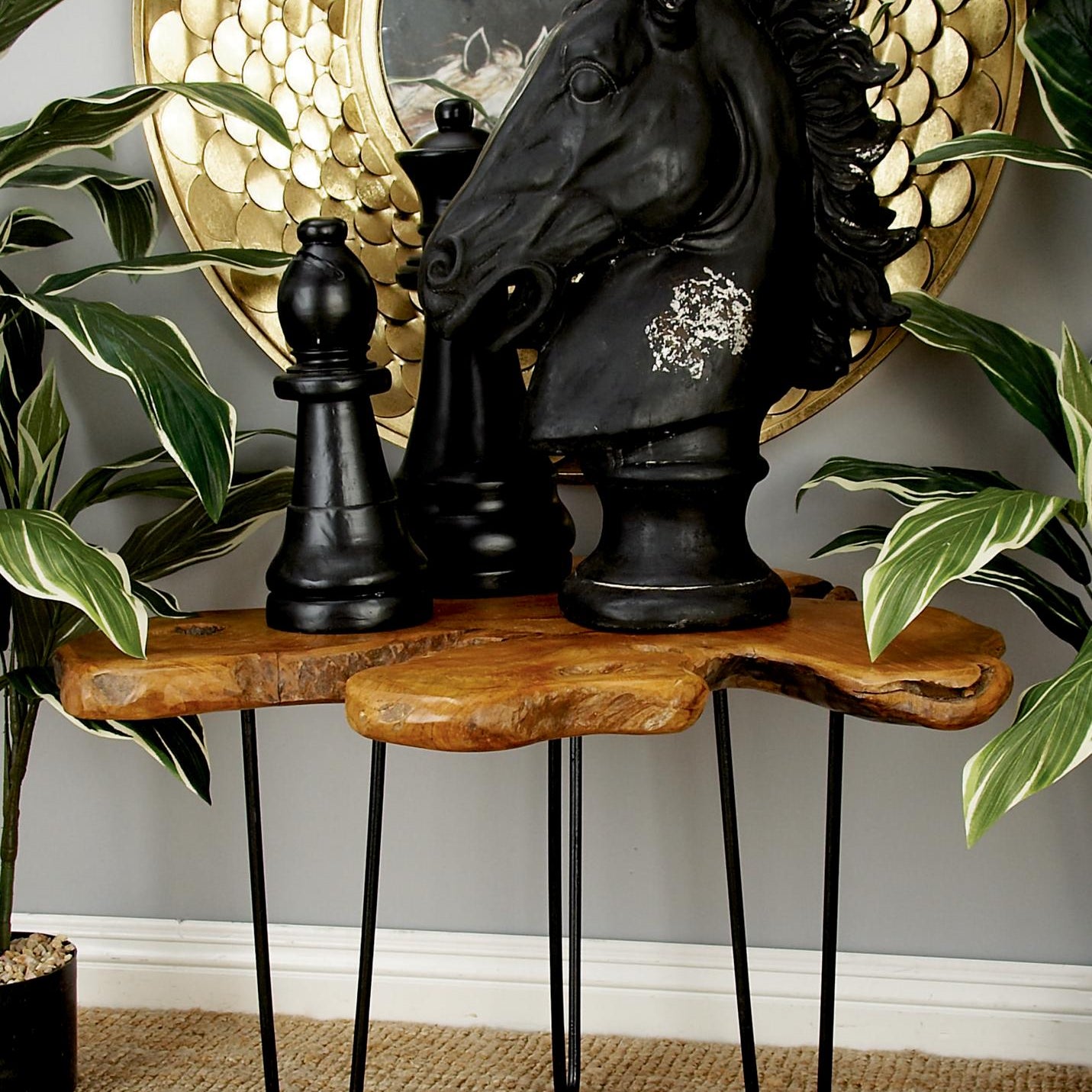 Brown Teak Wood Handmade Live Edge Living Room Coffee Table with Black Metal Hairpin Legs