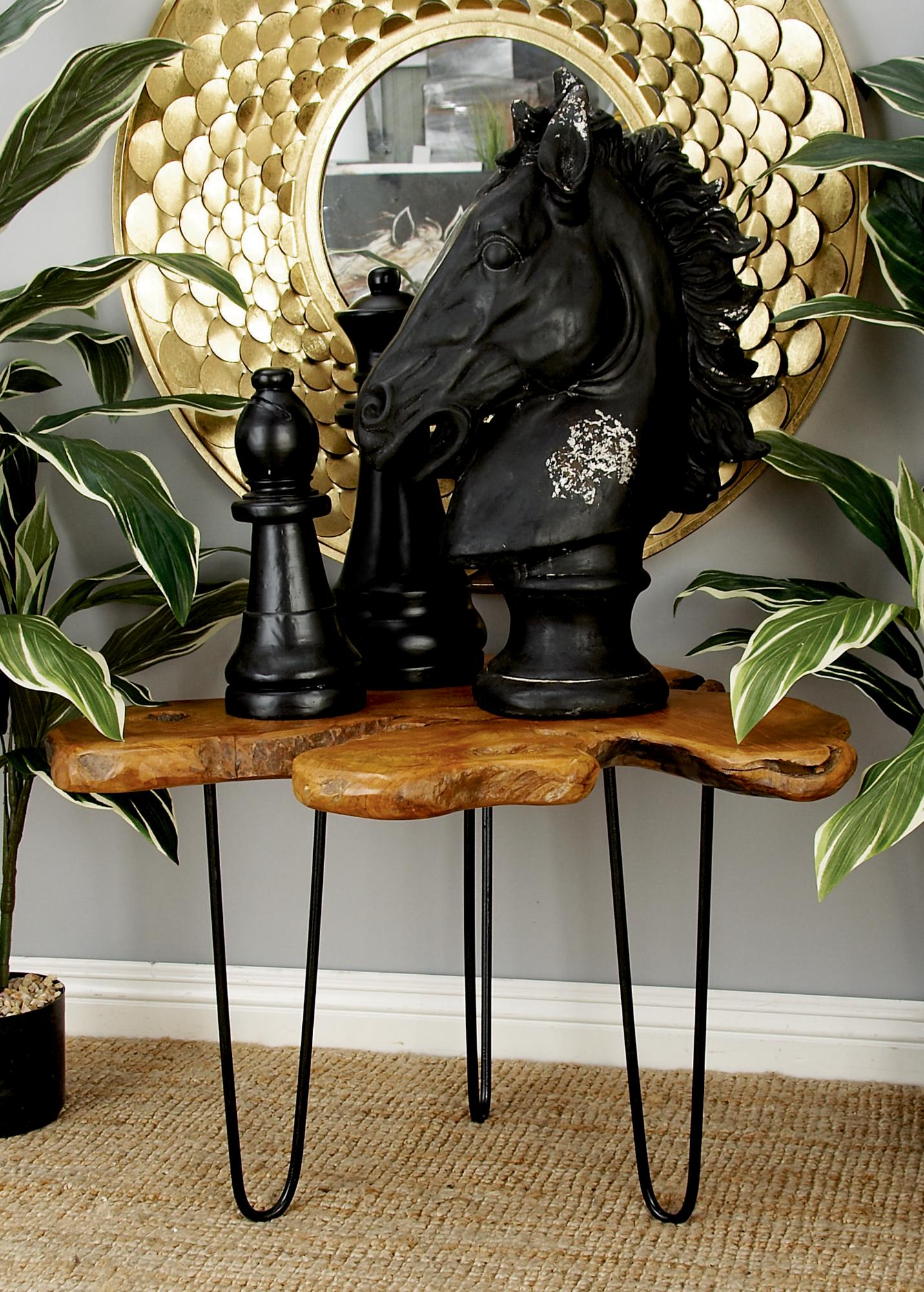 Brown Teak Wood Handmade Live Edge Living Room Coffee Table with Black Metal Hairpin Legs