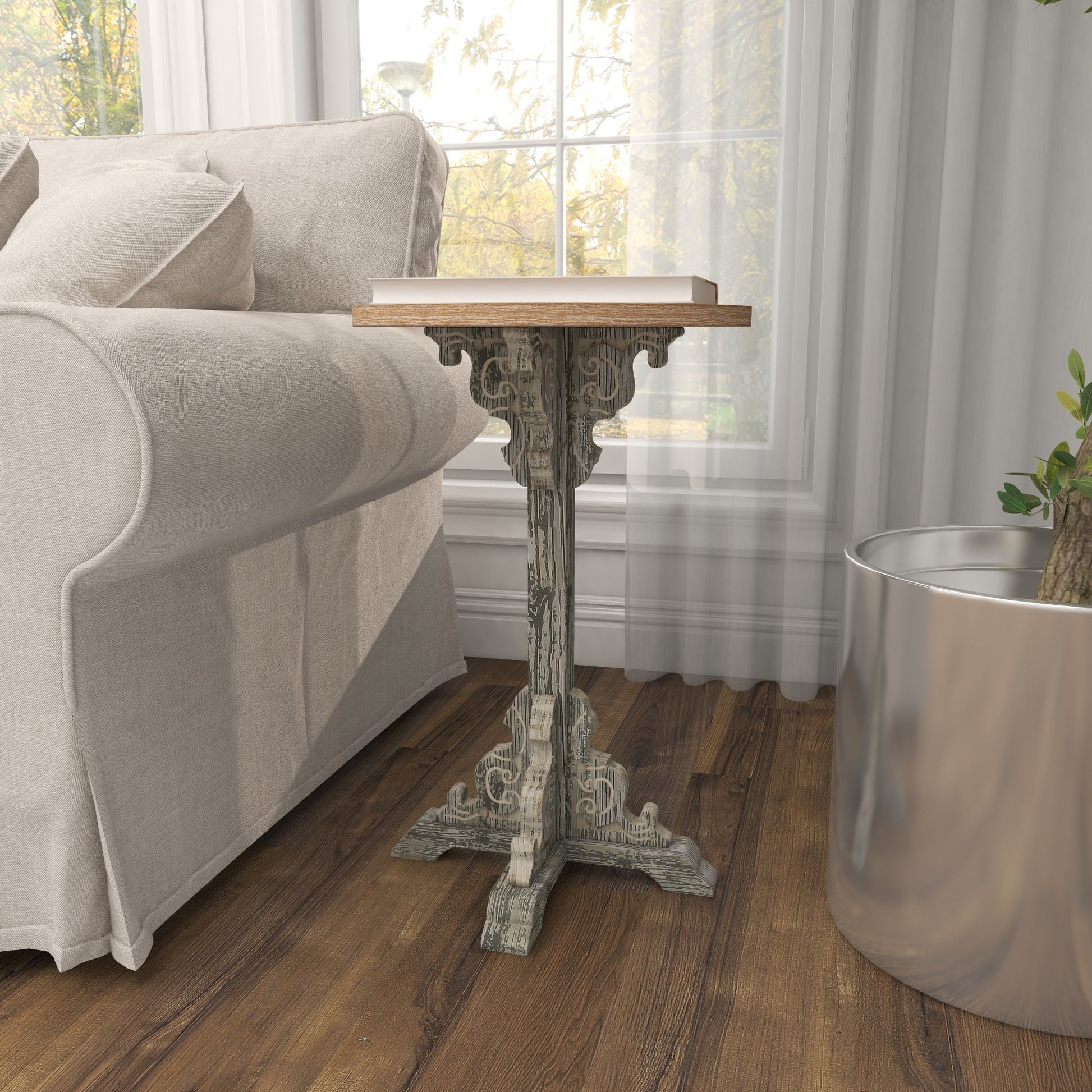 Scroll Wood Distressed Pedestal Side End Accent Table with Brown Wood Top 16" x 16" x 23"
