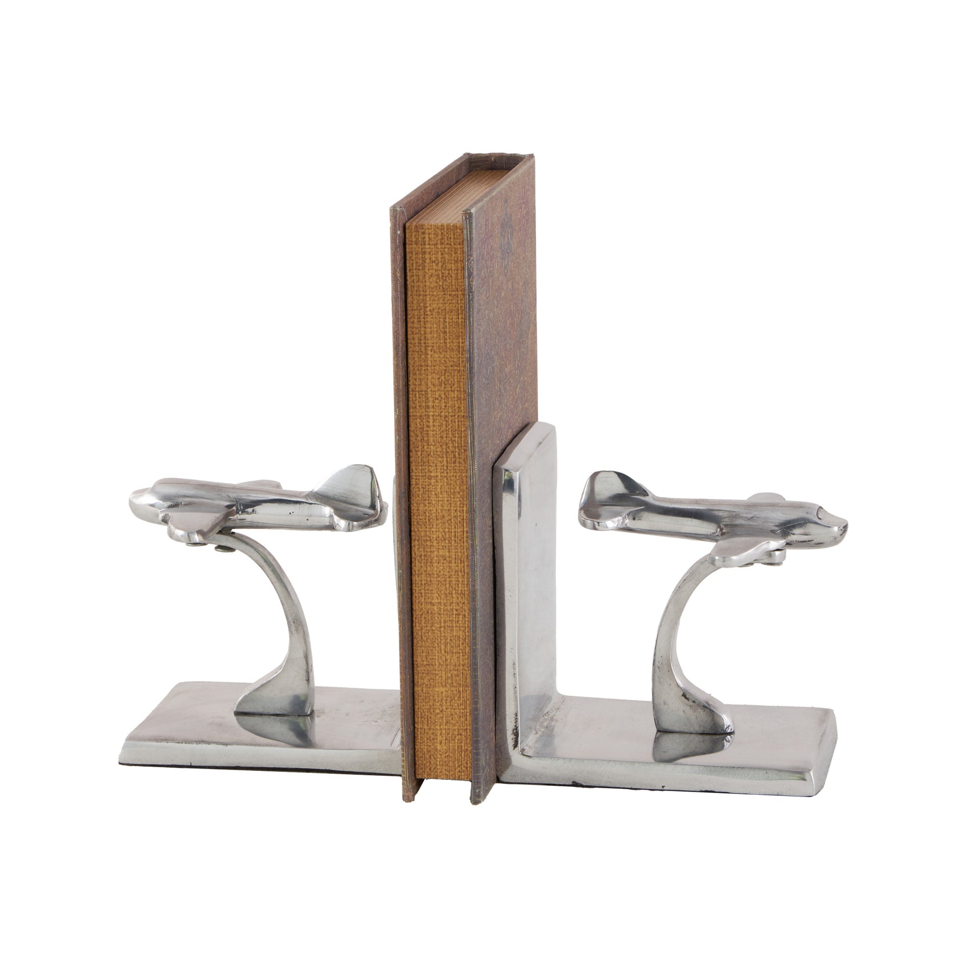 Set of 2 Airplane Silver Aluminum Metal Decorative Bookends