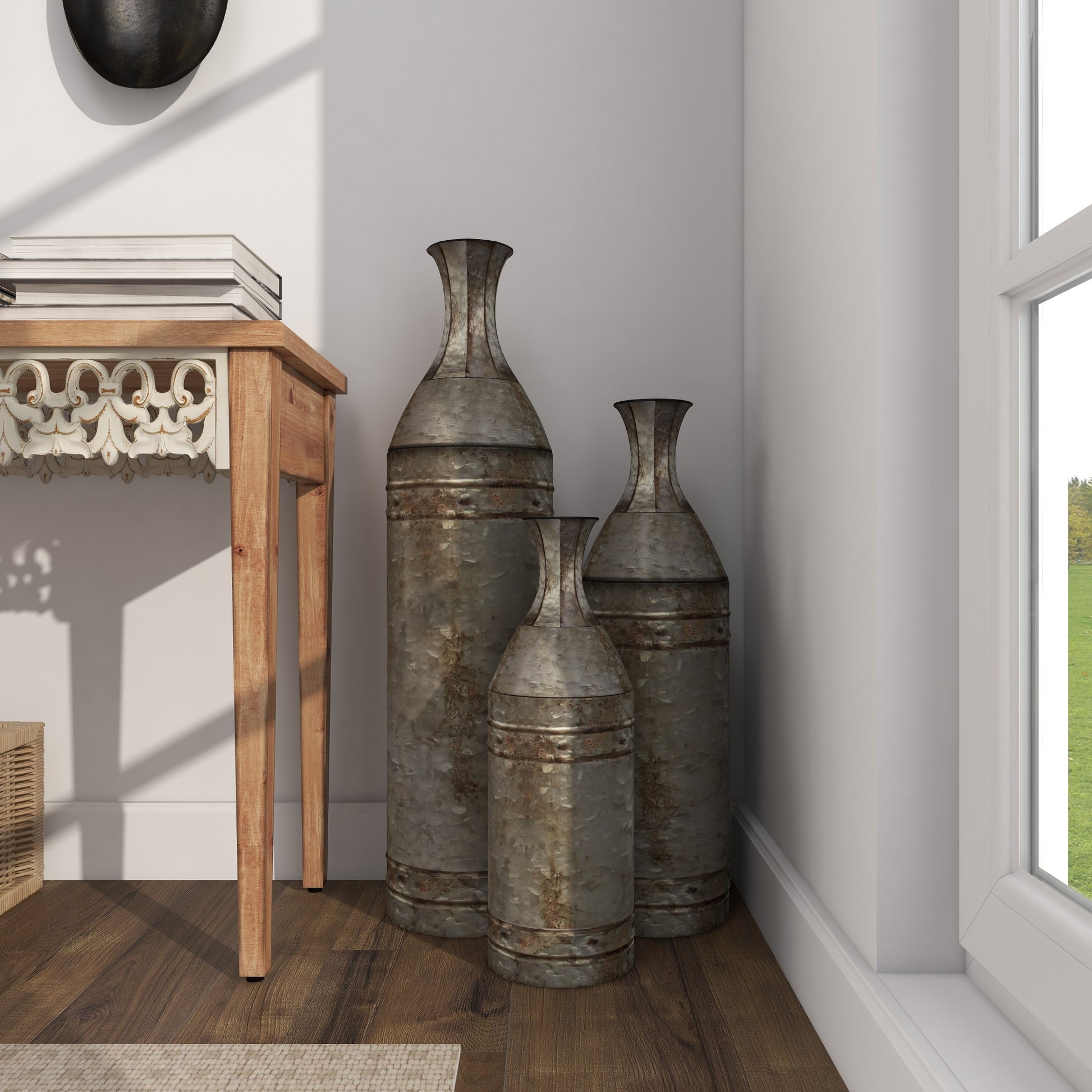 Set of 3 Gray Metal Handmade Tall Galvanized Floor Decorative Vase with Studs