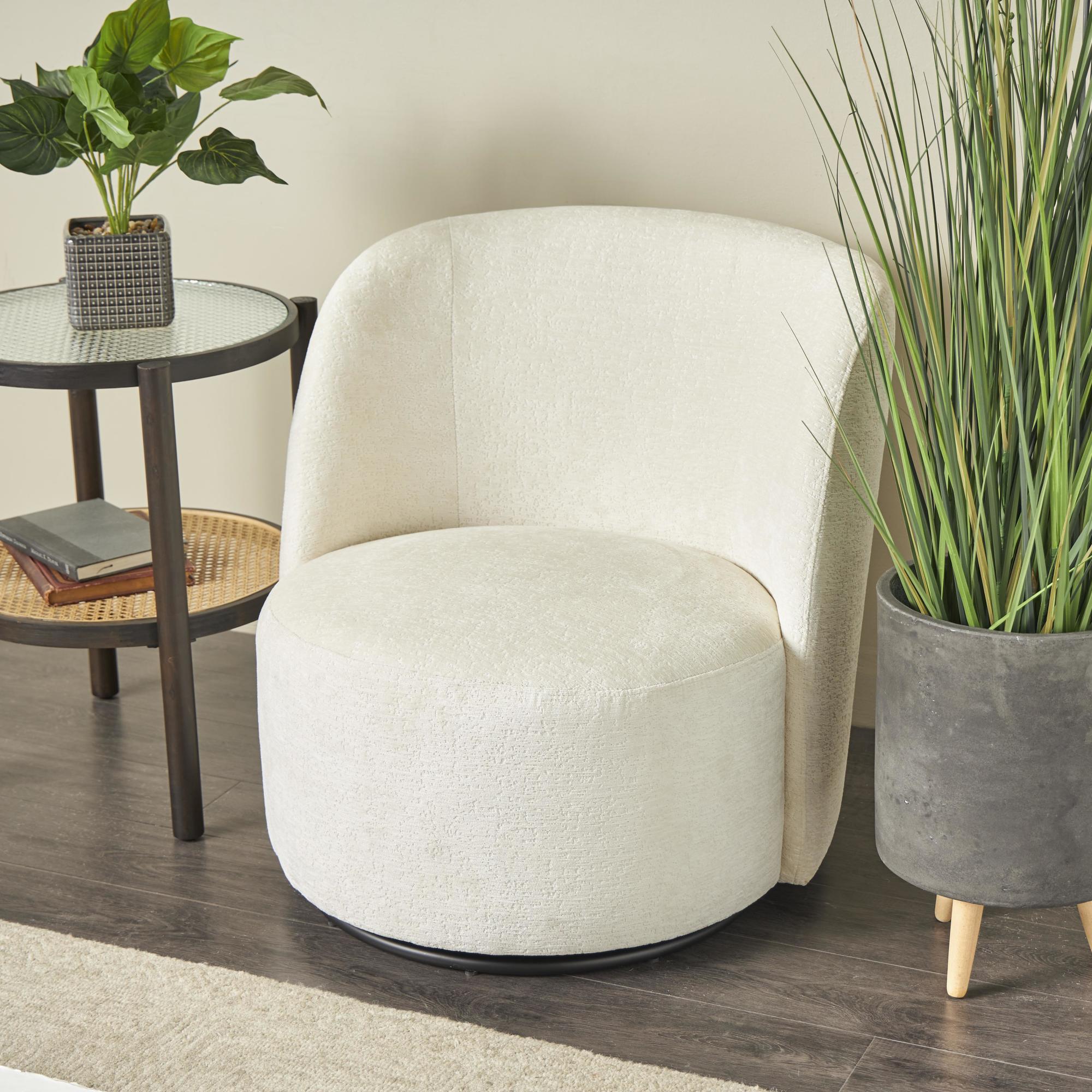 White Polyester Round Swivel Boucle Living Room Accent Chair with Black Base