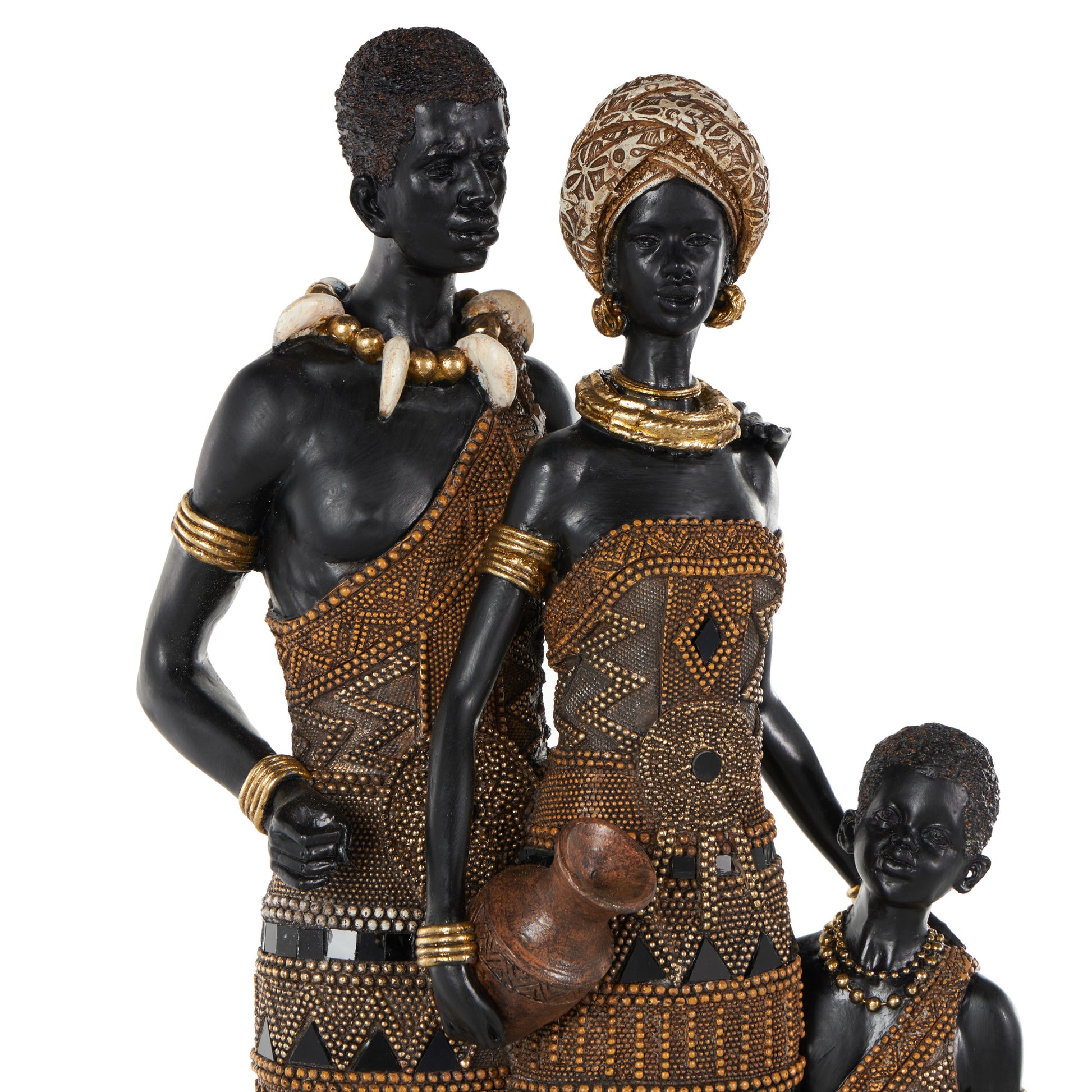Family Black Resin Tall African Decorative Sculpture with Gold Jewels