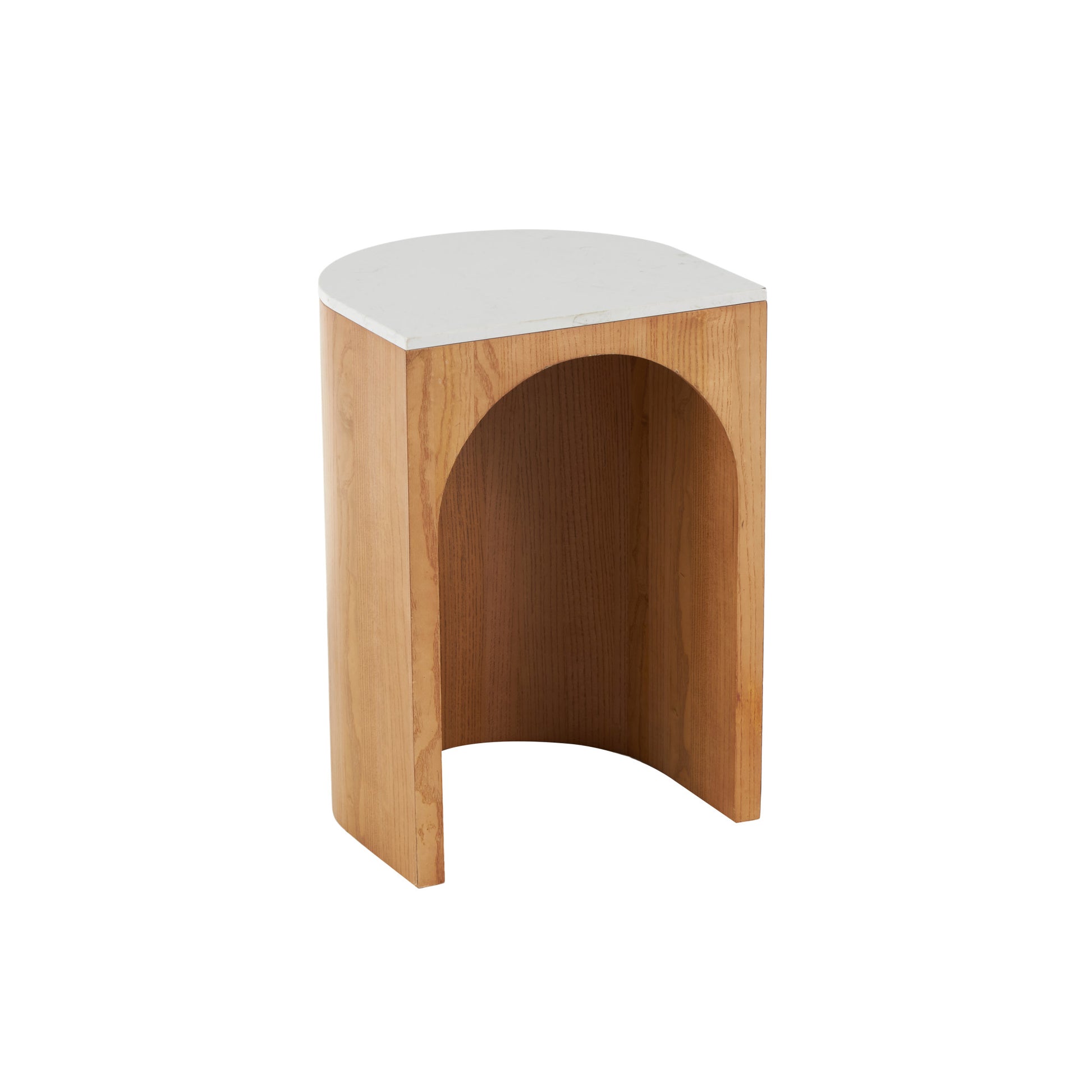 Wood Cutout Arch Side End Accent Table with White Marble Tabletop
