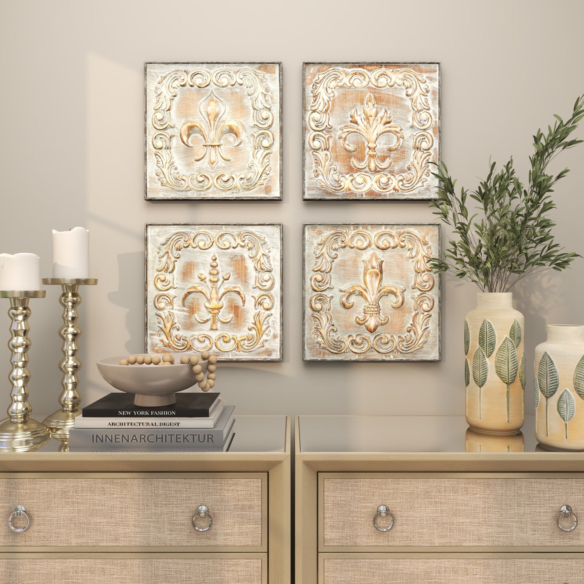 Set of 4 Fleur De Lis Green Metal Embossed Home Wall Decor with Scroll Details