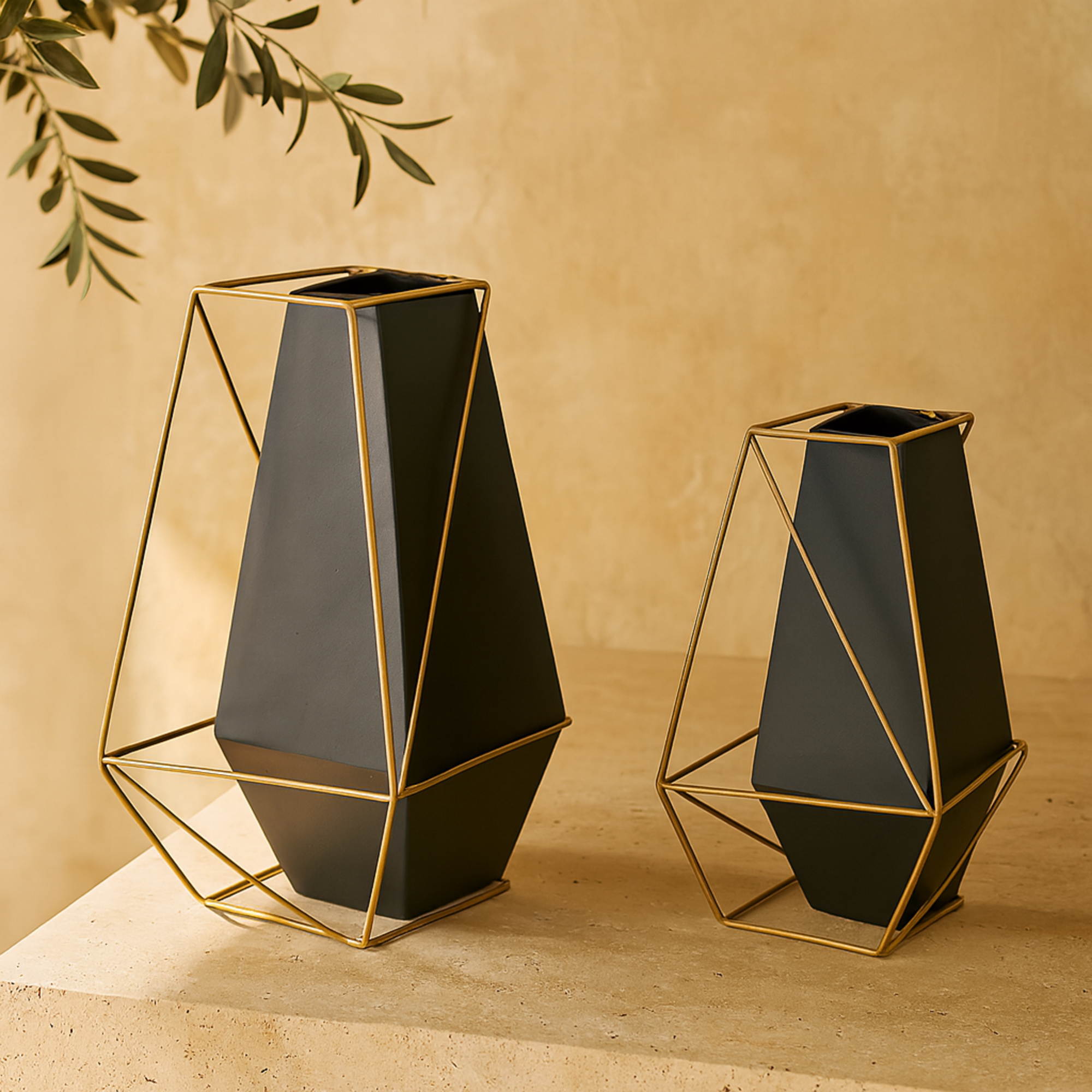 Set of 2 Geometric Black Metal Decorative Vase with Gold Wire Accents