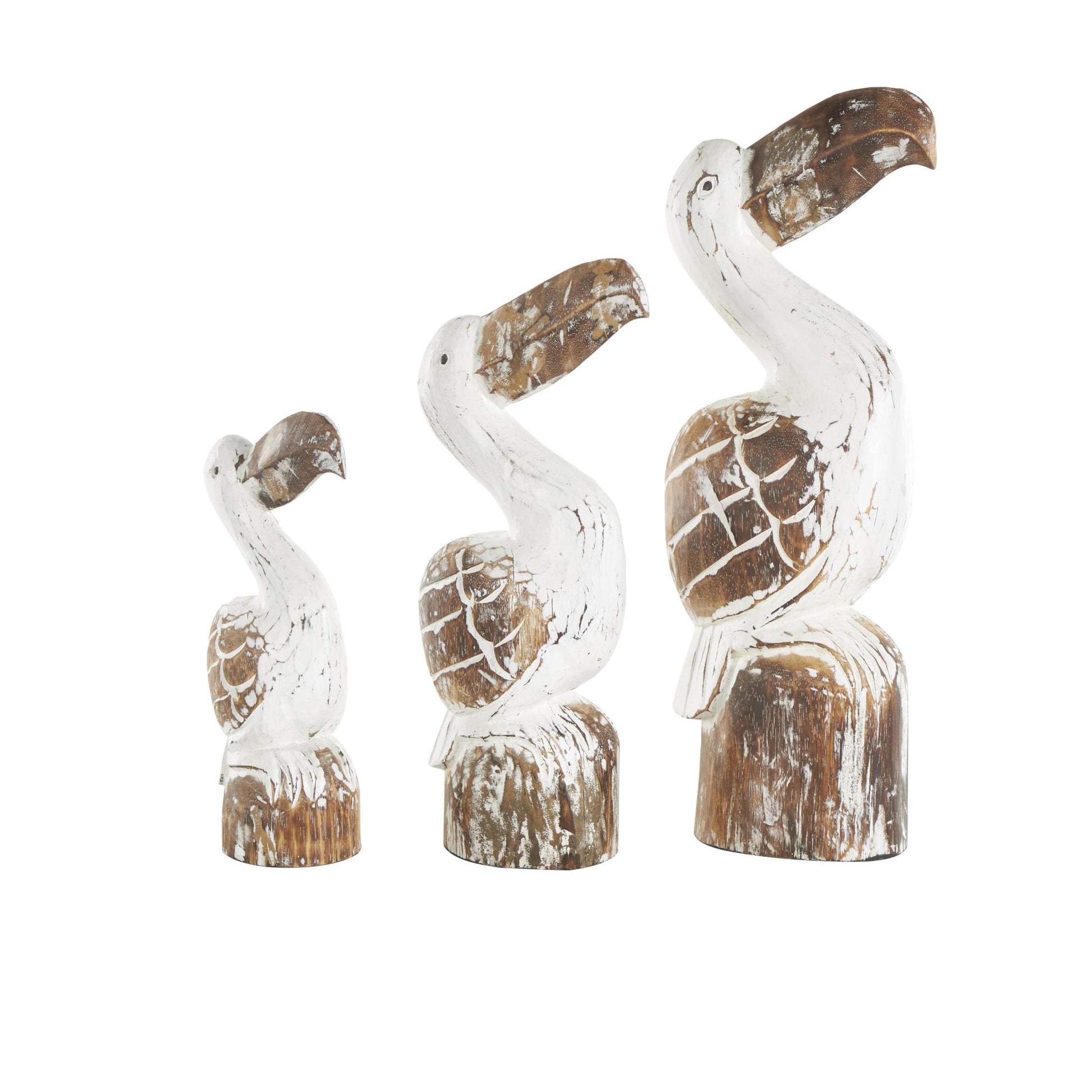 Set of 3 Pelican White Wood Handmade Distressed Decorative Sculpture with Brown Accents