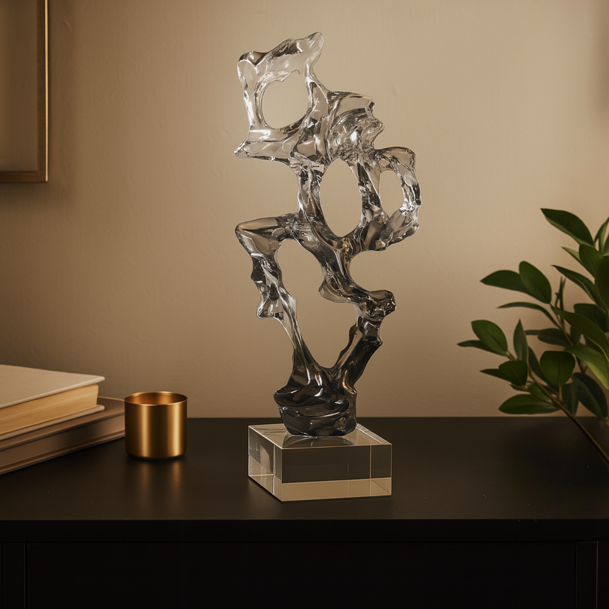 Abstract Clear Glass Handmade Freeform Decorative Sculpture with Clear Square Base